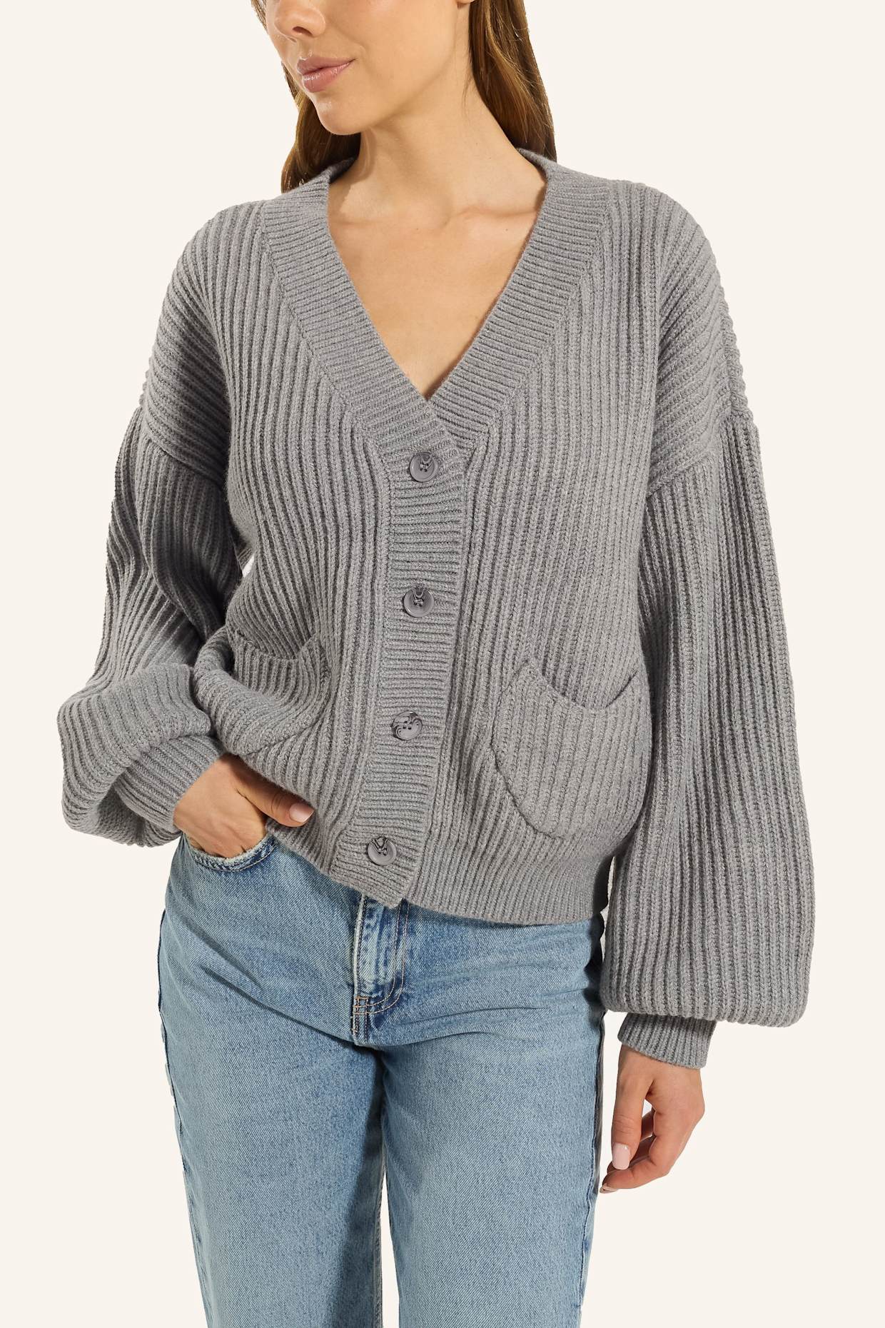 ADLYSH Jacke RIPPSTRICK CARDIGAN MIT WOLLE: GRAU