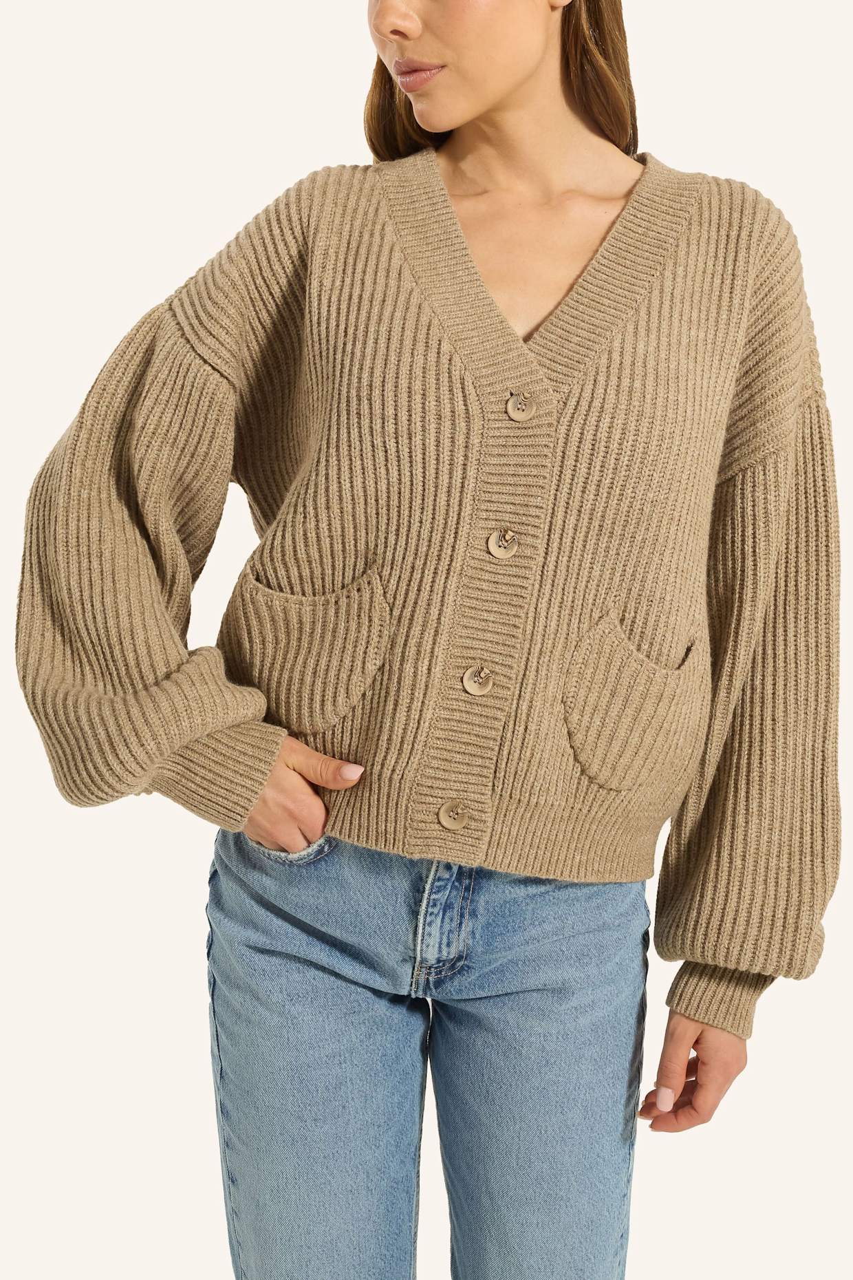 ADLYSH RIPPSTRICK CARDIGAN MIT WOLLE: BRAUN