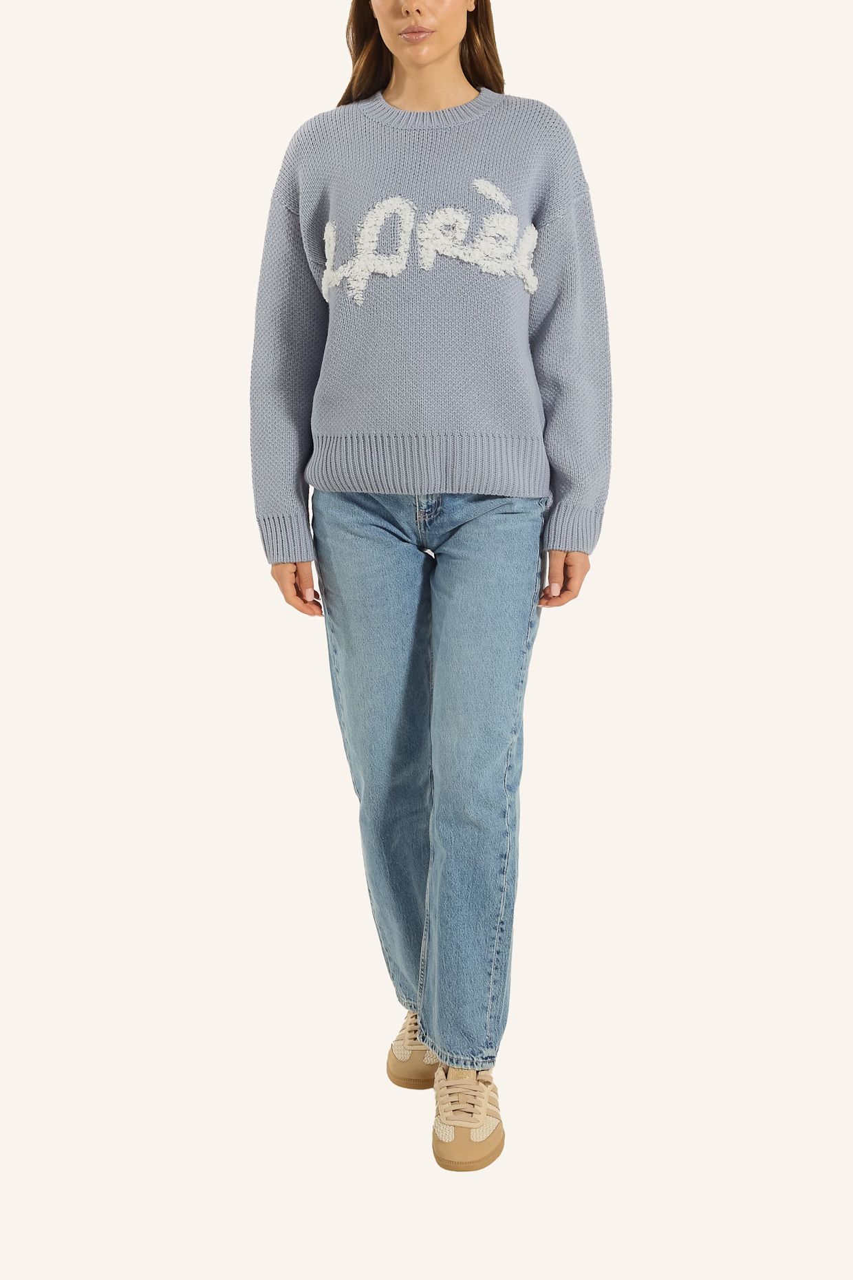 ADLYSH STRICKPULLOVER MIT APRÉS SCHRIFTZUG: BLAU