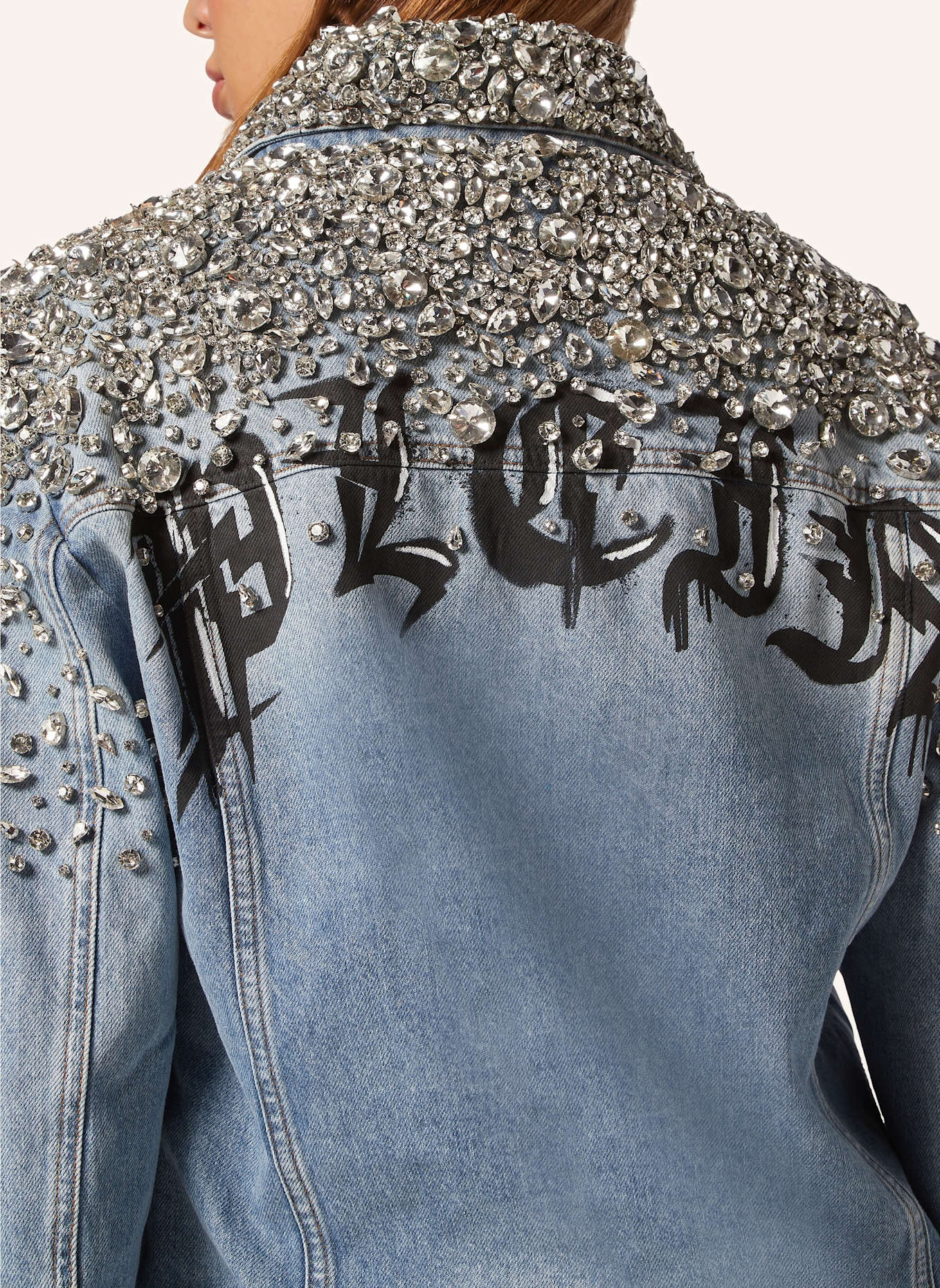 PHILIPP PLEIN Jeansjacke Oversize mit Steinenbesatz, Farbe: BLAUGRAU (Bild 3)