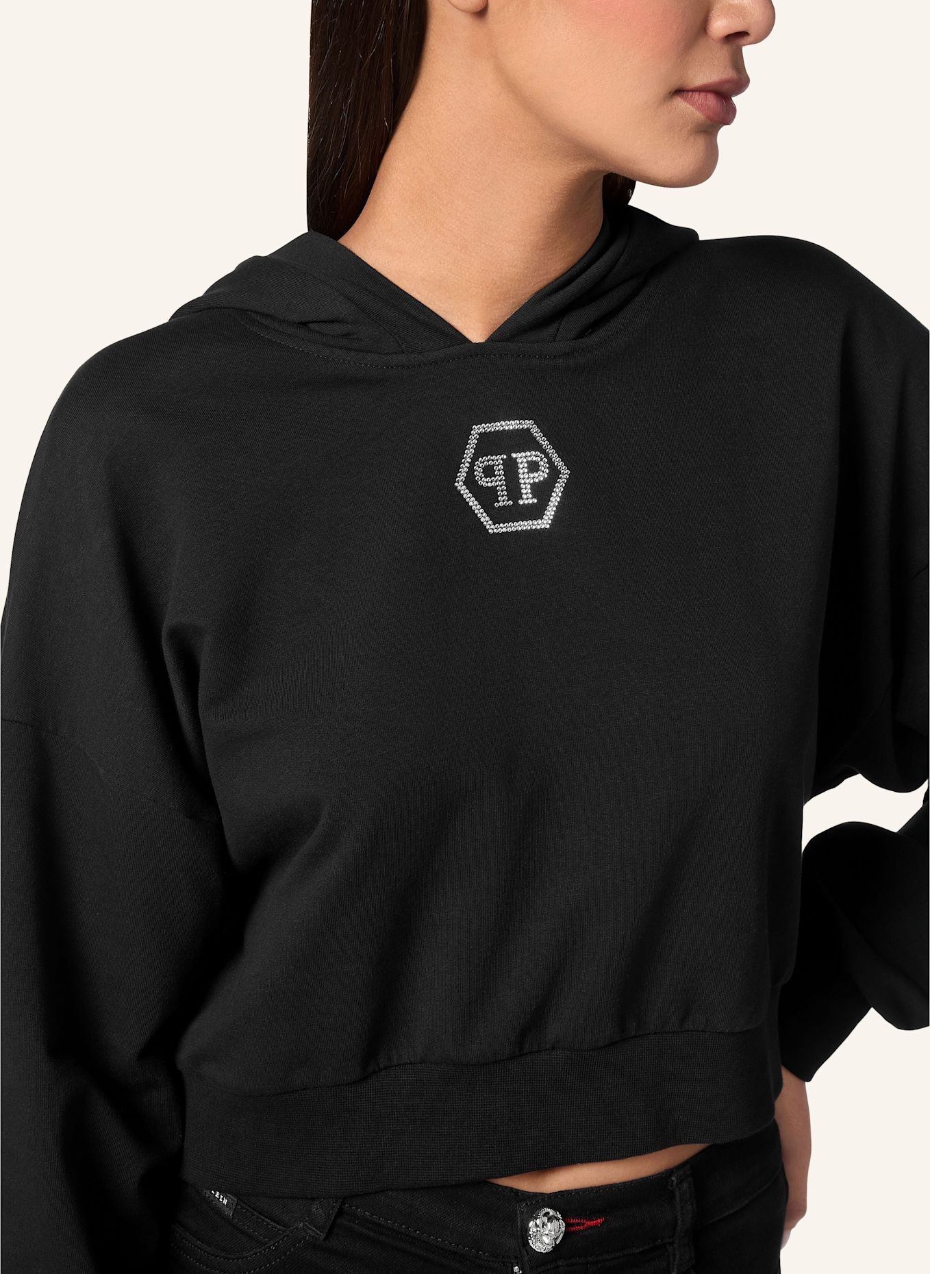 PHILIPP PLEIN Cropped Hoodie mit Steinbesatz HEXAGON, Farbe: SCHWARZ (Bild 3)