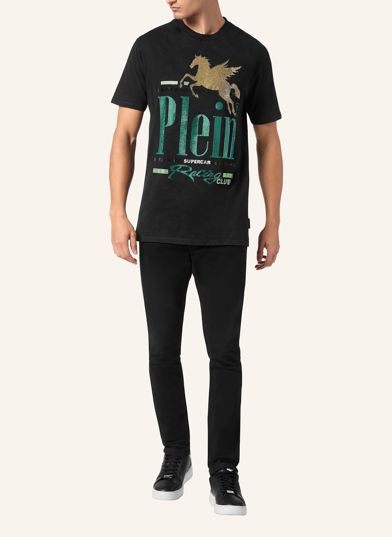 PHILIPP PLEIN T-Shirt Rundhalsausschnitt RACING: SCHWARZ