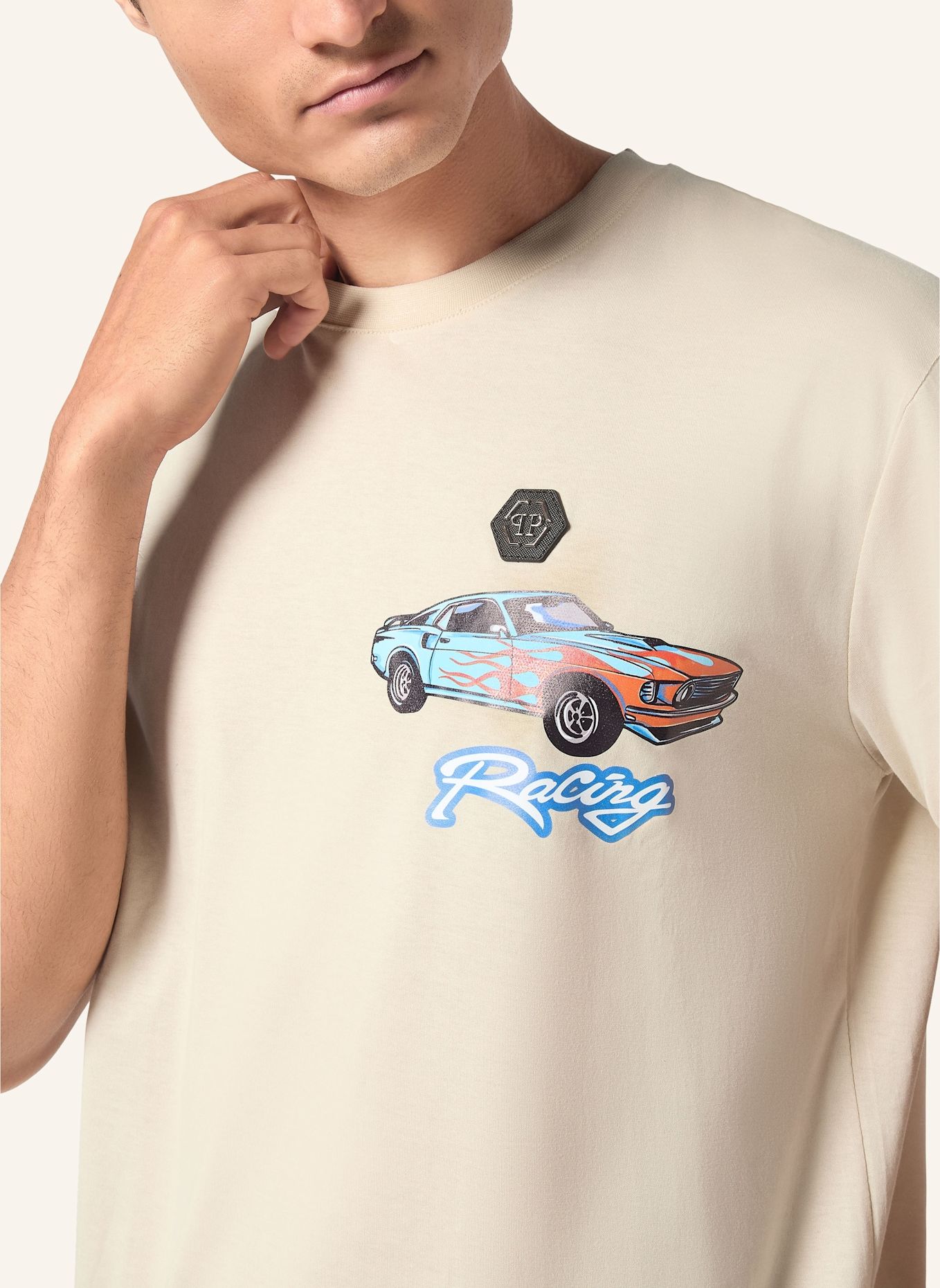 PHILIPP PLEIN T-Shirt Rundhalsausschnitt Ss RACING: BEIGE