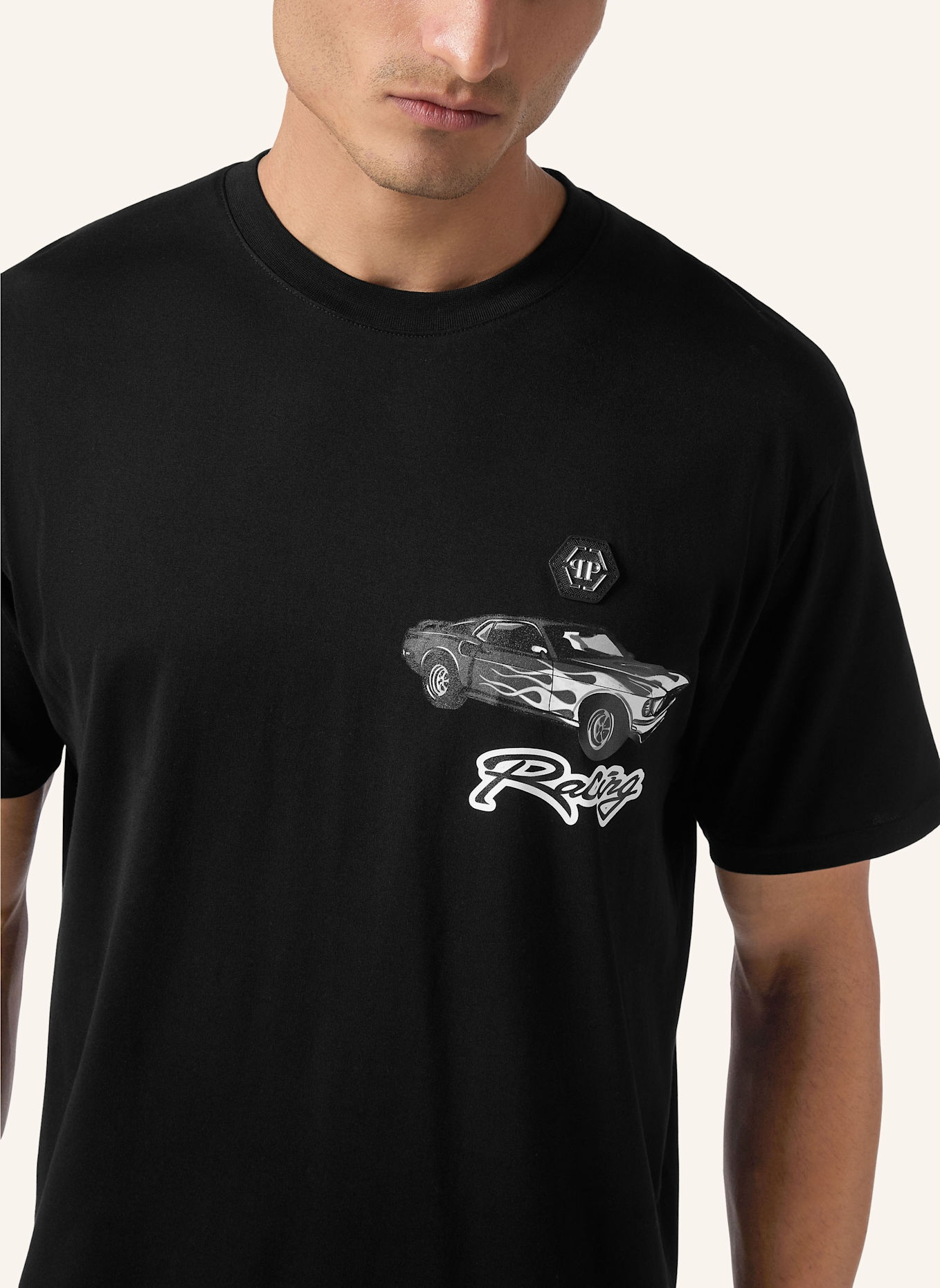 PHILIPP PLEIN T-Shirt Rundhalsausschnitt Ss RACING: SCHWARZ