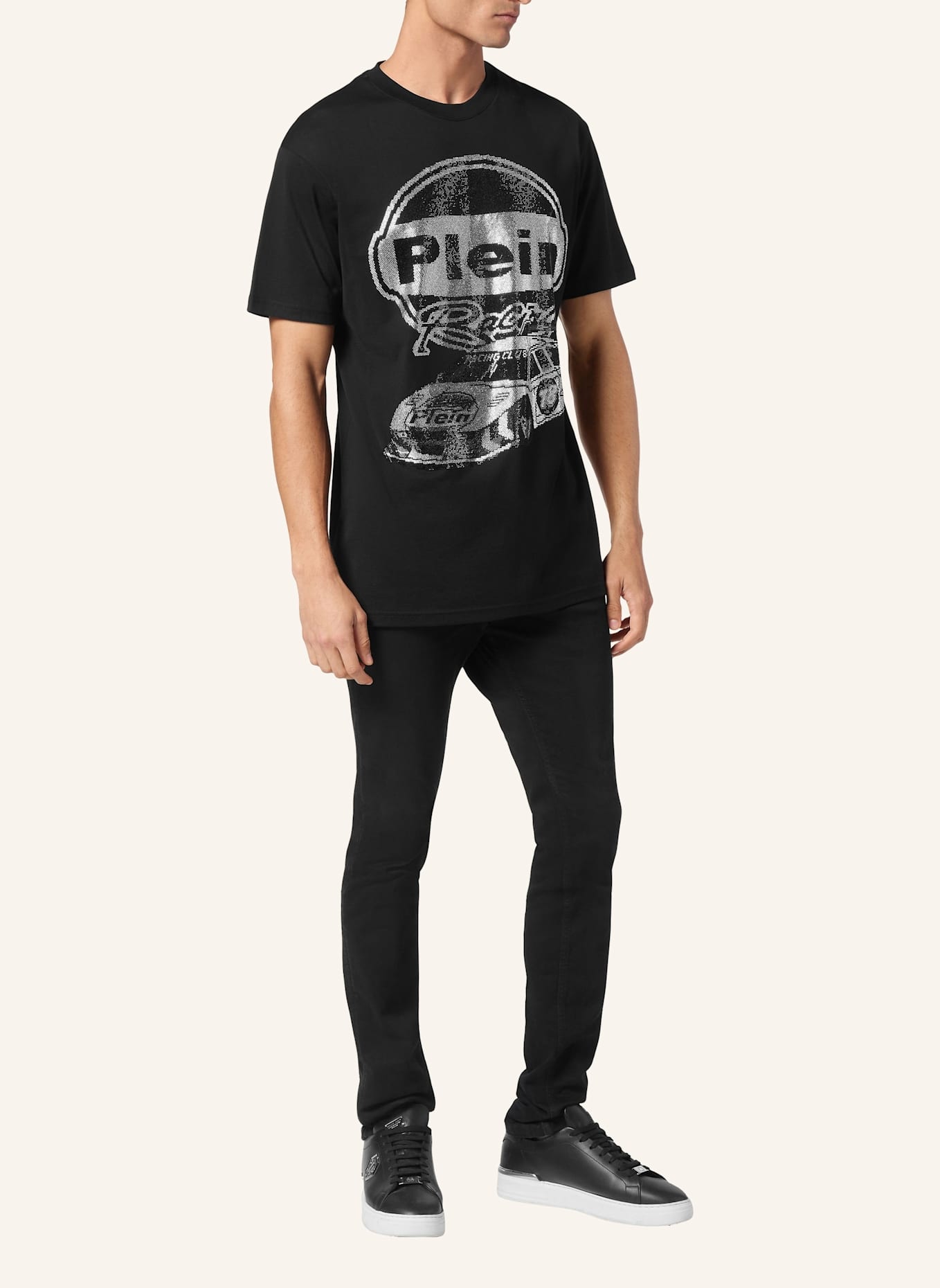 PHILIPP PLEIN T-Shirt Rundhalsausschnitt Ss RACING: SCHWARZ