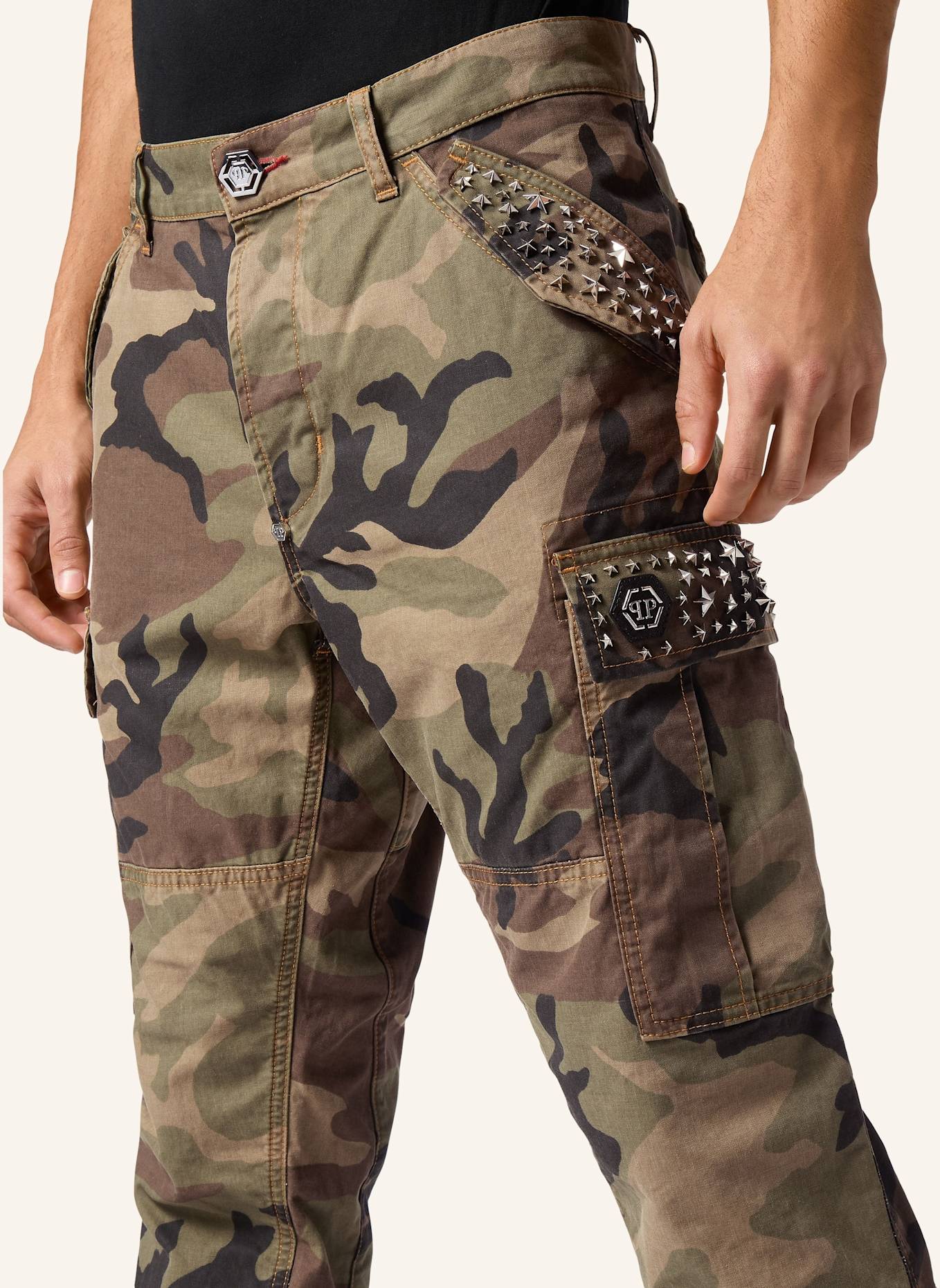 PHILIPP PLEIN Denim-Cargo-Hose: BEIGE/ DUNKELGRÜN/ BRAUN