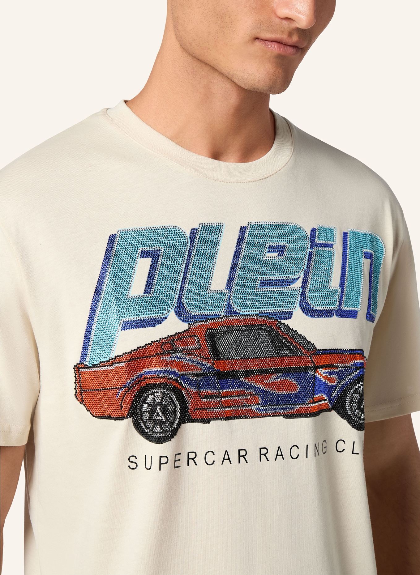 PHILIPP PLEIN T-Shirt Rundhalsausschnitt Ss RACING: BEIGE