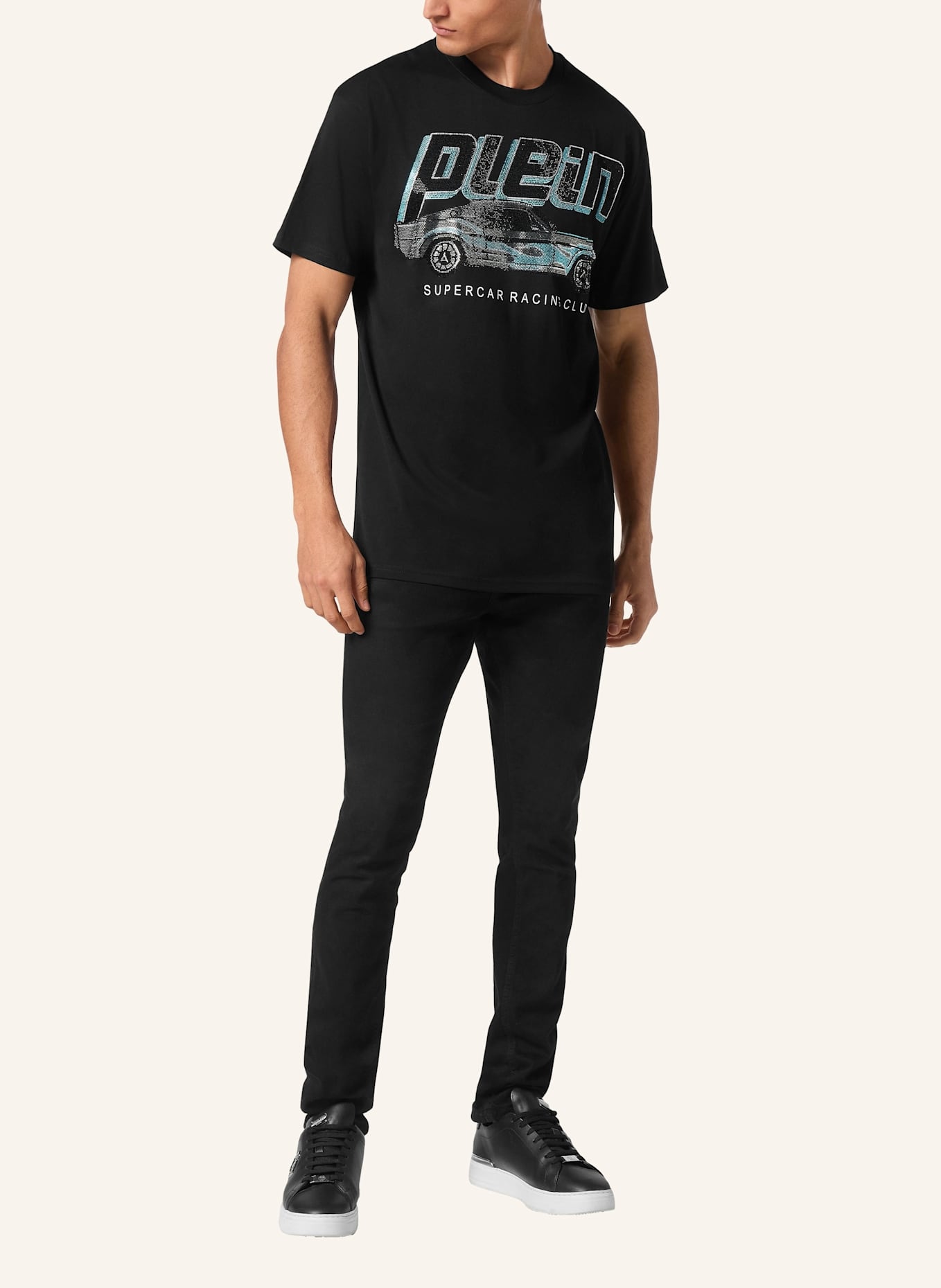 PHILIPP PLEIN T-Shirt Rundhalsausschnitt Ss RACING: SCHWARZ