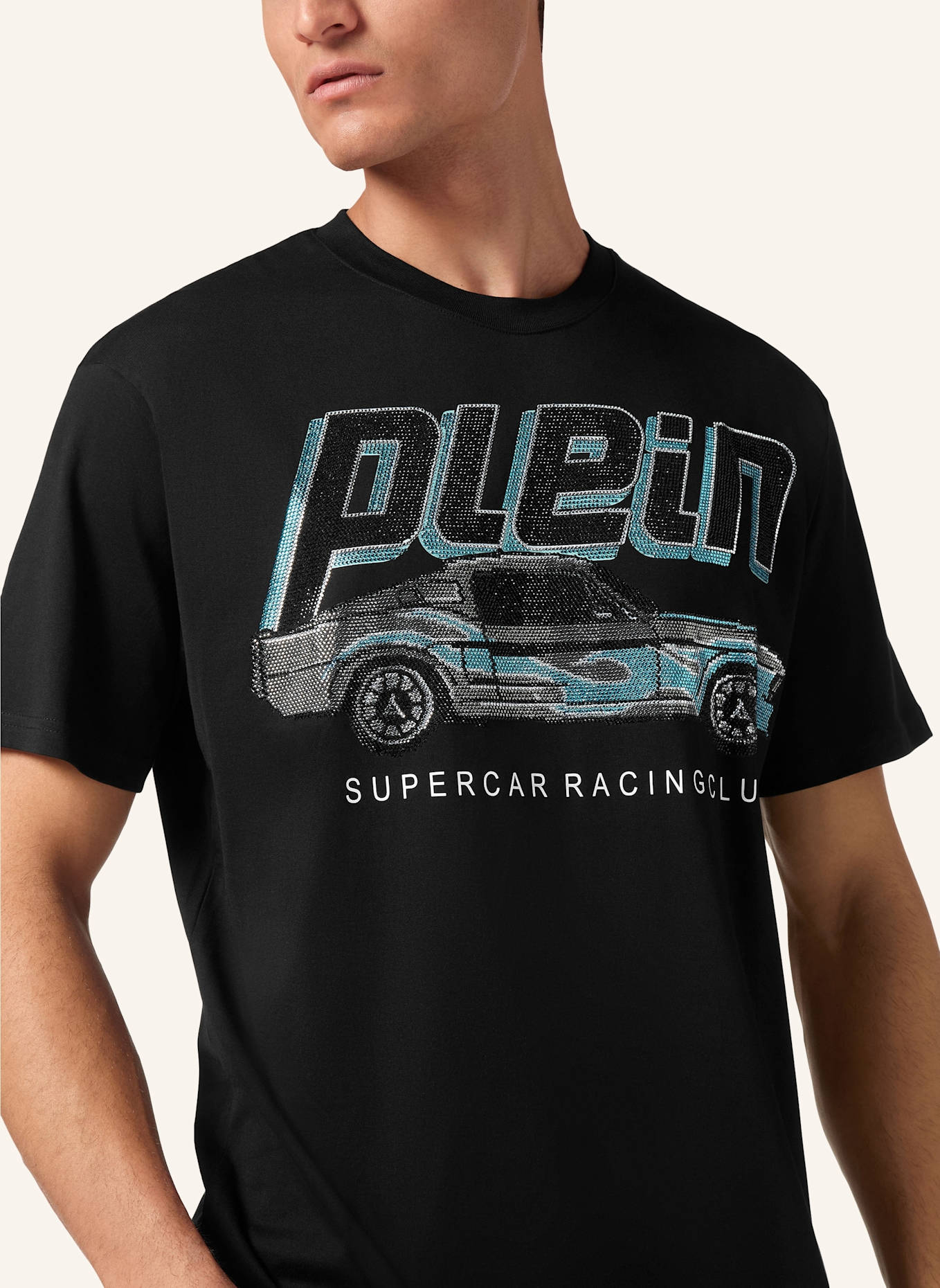 PHILIPP PLEIN T-Shirt Rundhalsausschnitt Ss RACING: SCHWARZ