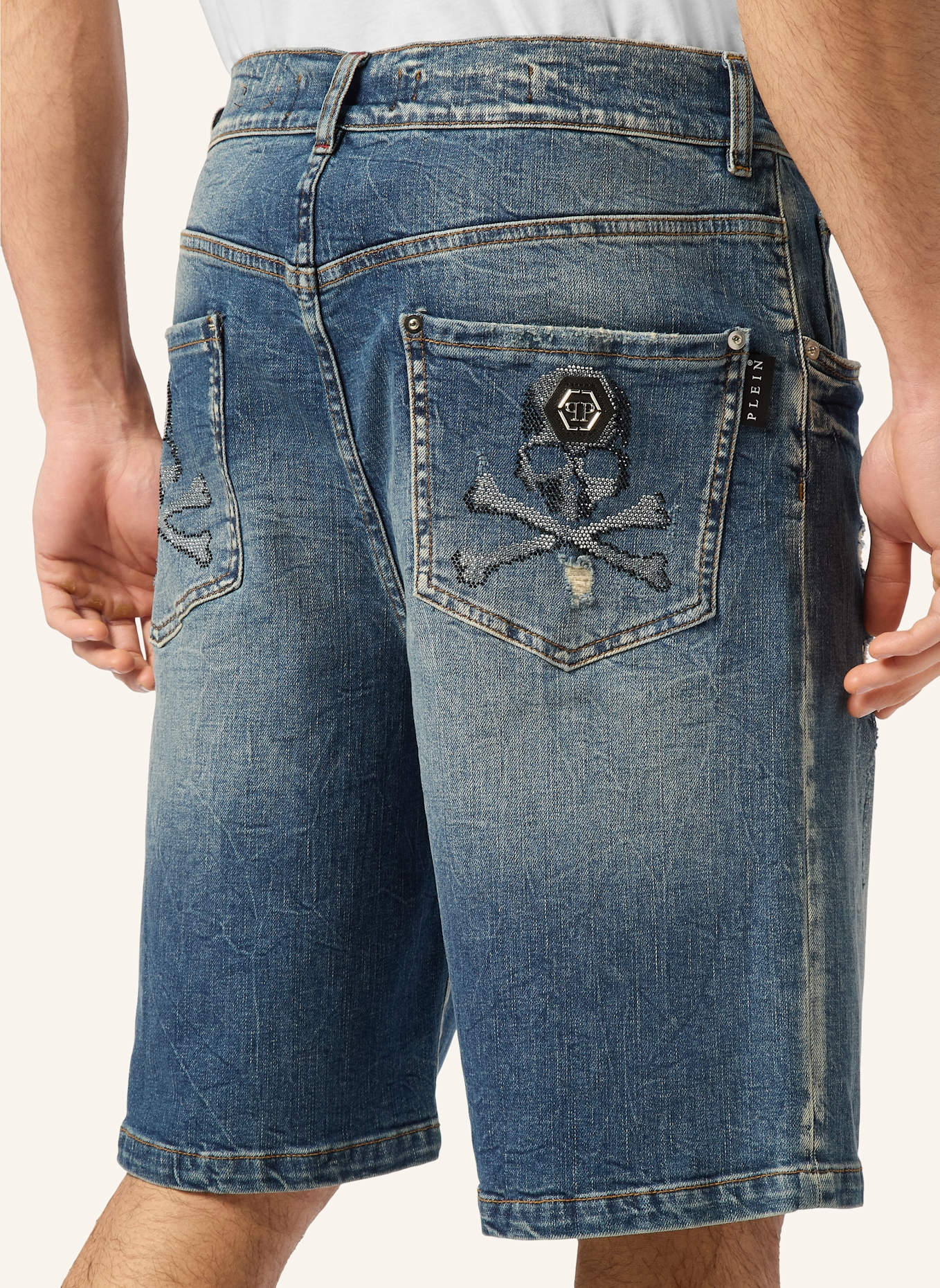 PHILIPP PLEIN JEANSSHORTS FERMENTERA SKULL: BLAU