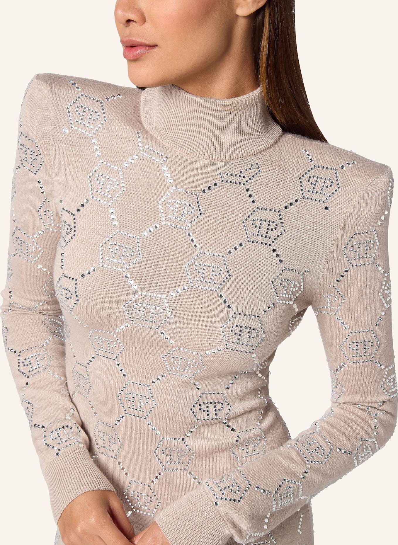PHILIPP PLEIN Mini Strickkleid mit Schmucksteinen MONOGRAM: BEIGE