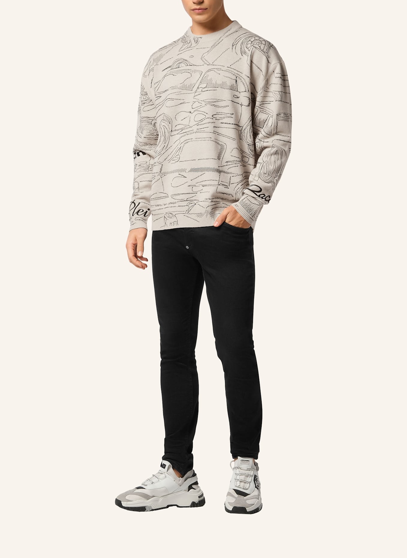 PHILIPP PLEIN Pullover Rundhalsausschnitt Ls RACING: SCHWARZ