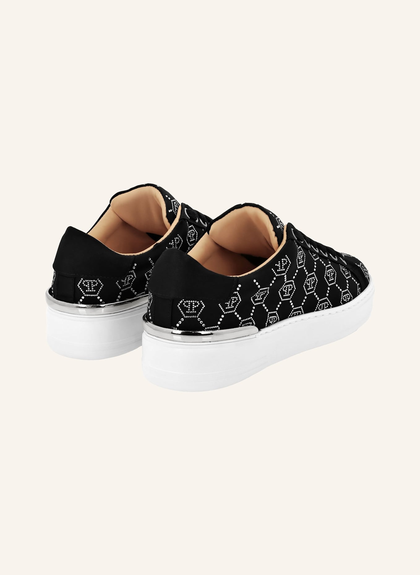 PHILIPP PLEIN Satin Sneaker mit Schmucksteinen MONOGRAM: SCHWARZ