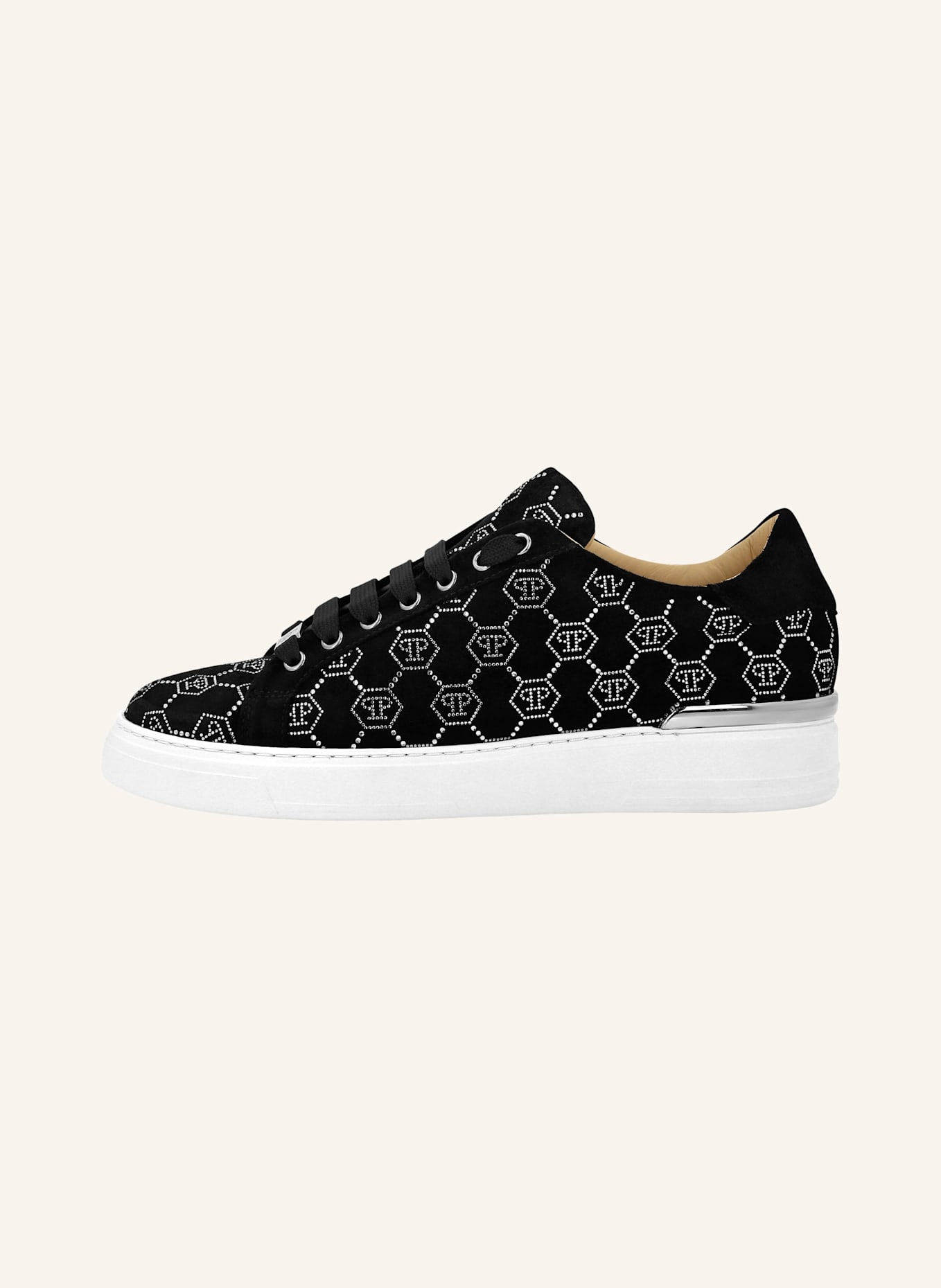 PHILIPP PLEIN Leder Sneaker mit Schmucksteinen MONOGRAM: SCHWARZ