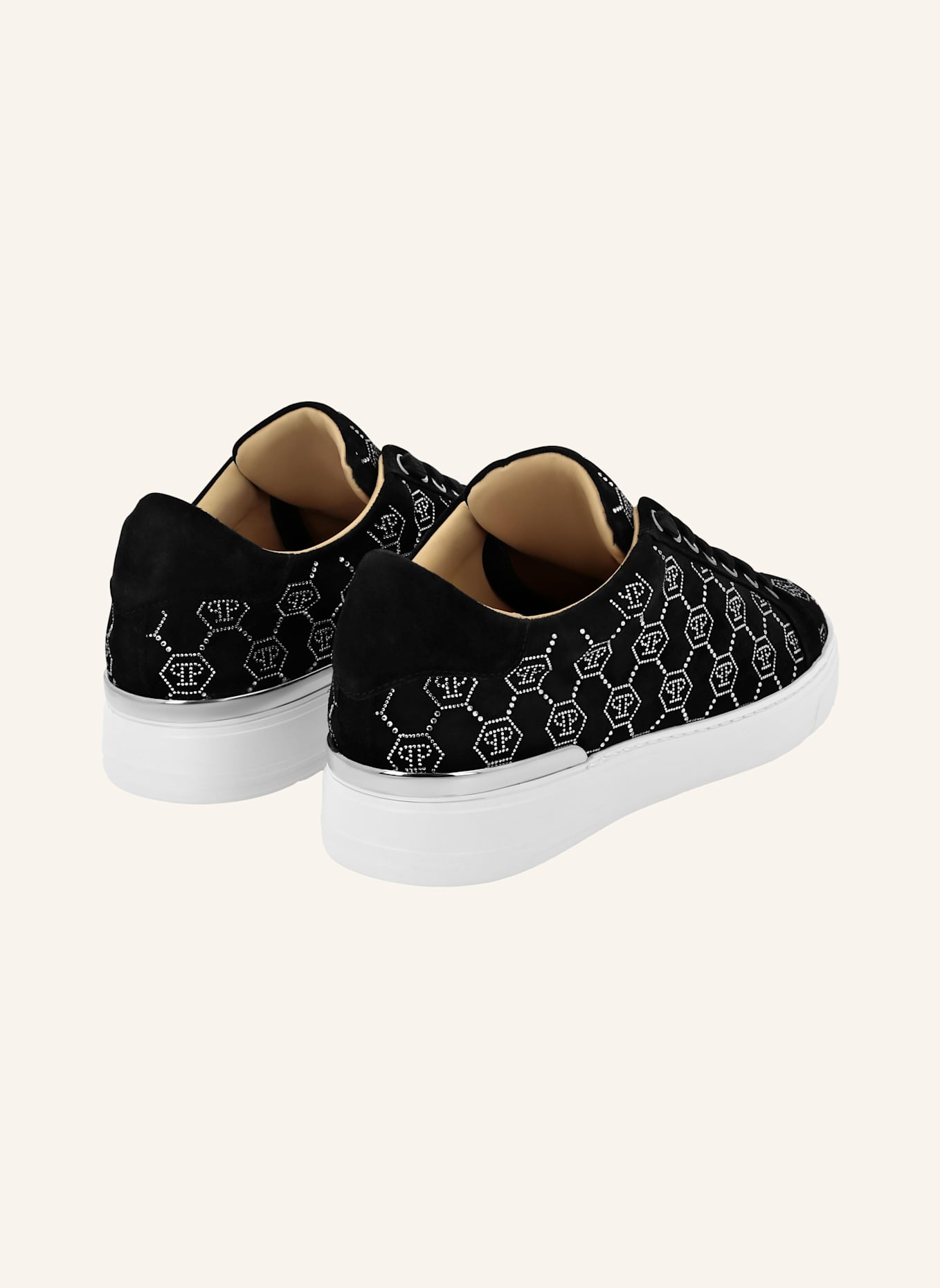 PHILIPP PLEIN Leder Sneaker mit Schmucksteinen MONOGRAM: SCHWARZ