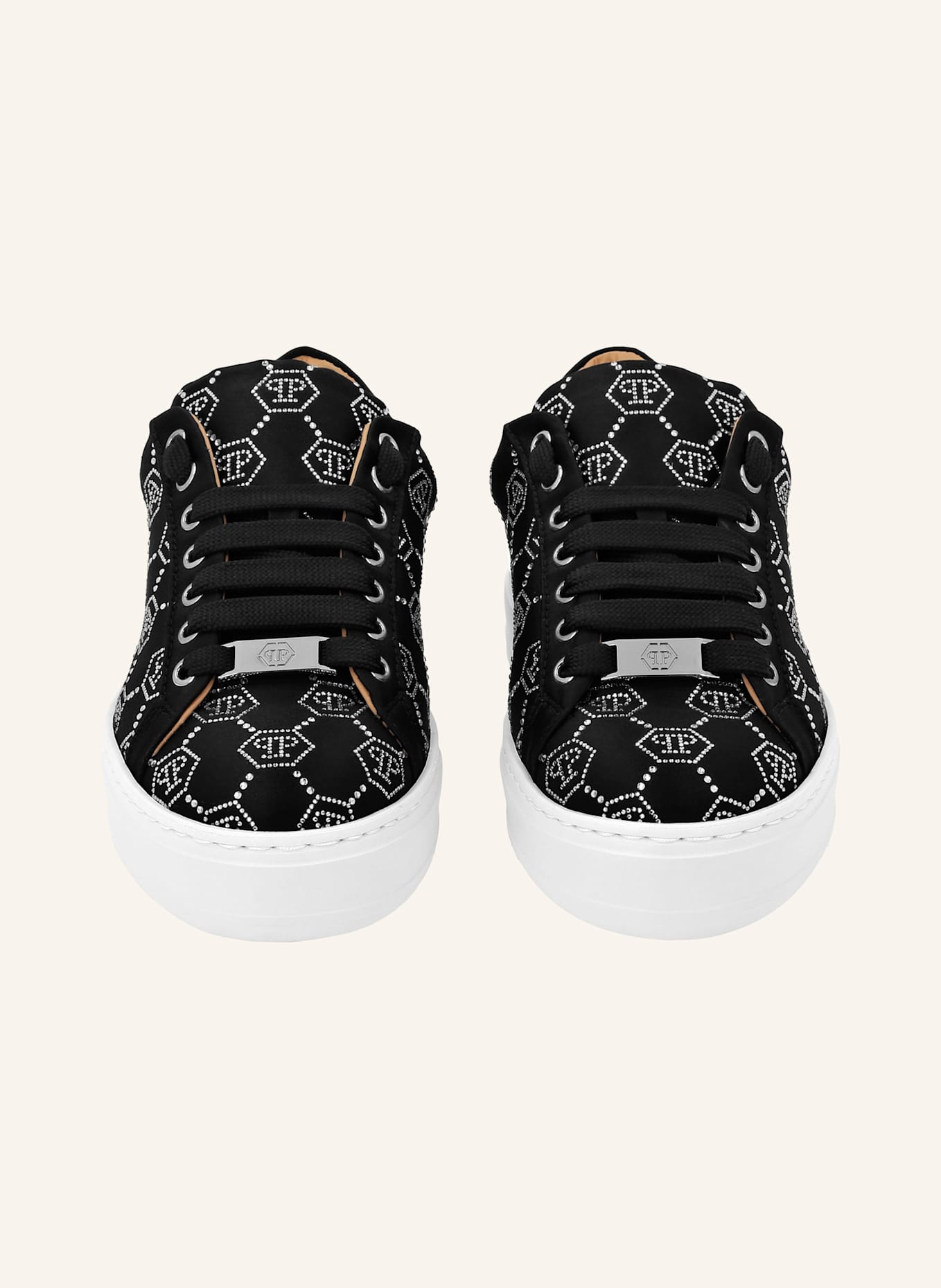 PHILIPP PLEIN Satin Sneaker mit Schmucksteinen MONOGRAM: SCHWARZ