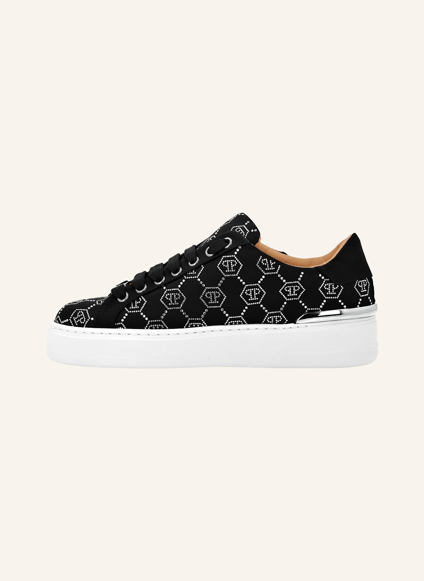PHILIPP PLEIN Satin Sneaker mit Schmucksteinen MONOGRAM: SCHWARZ