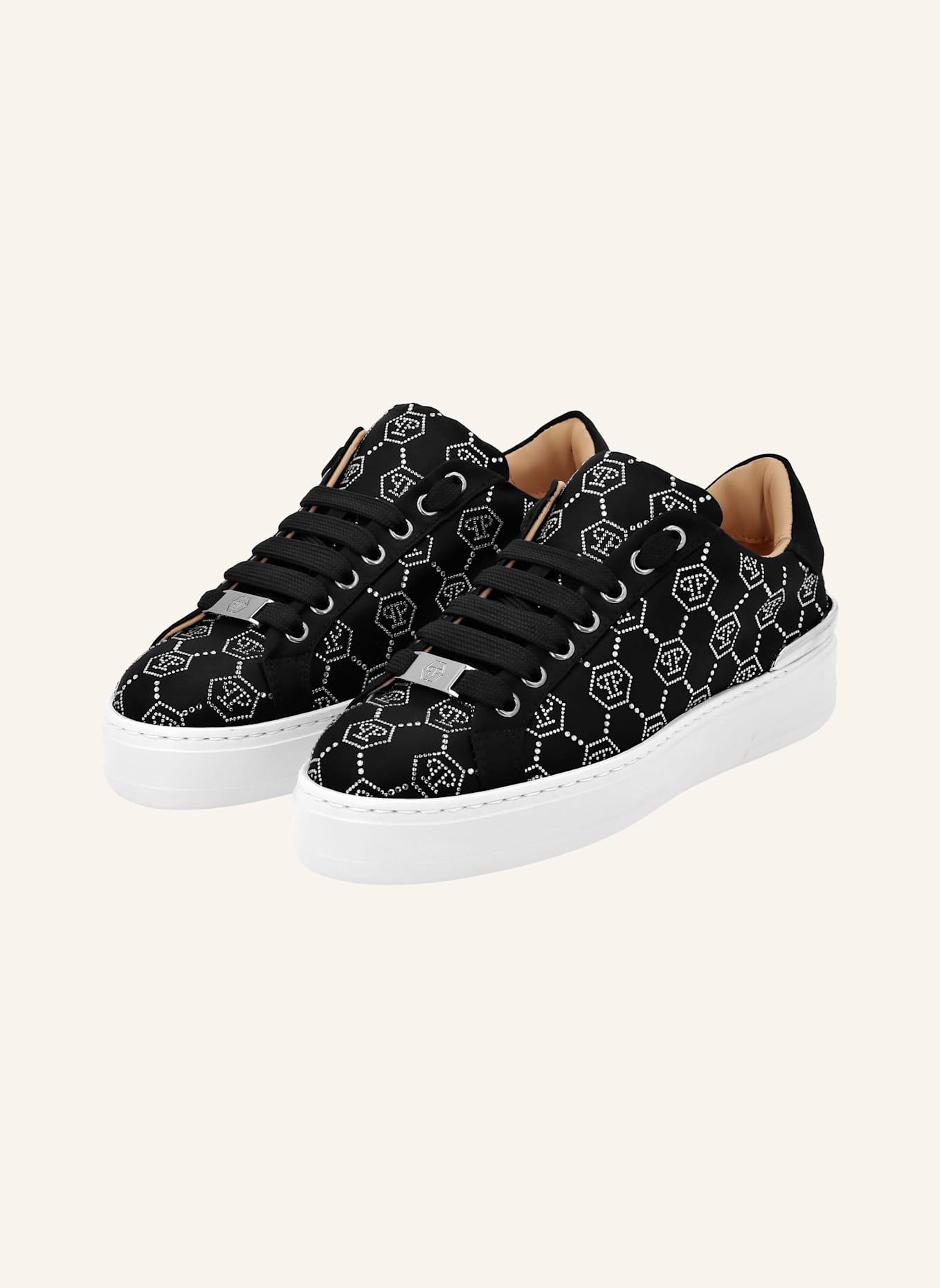 PHILIPP PLEIN Satin Sneaker mit Schmucksteinen MONOGRAM: SCHWARZ
