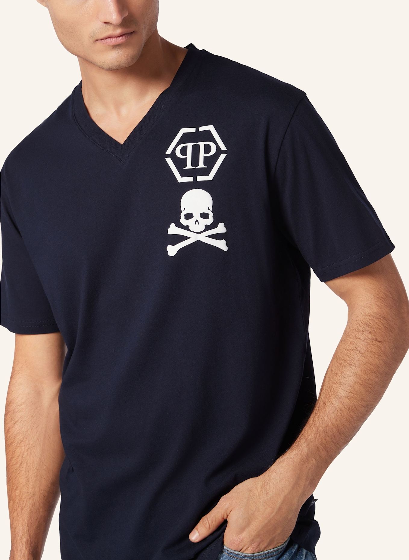 PHILIPP PLEIN T-Shirt V-Ausschnitt SKULL: DUNKELBLAU