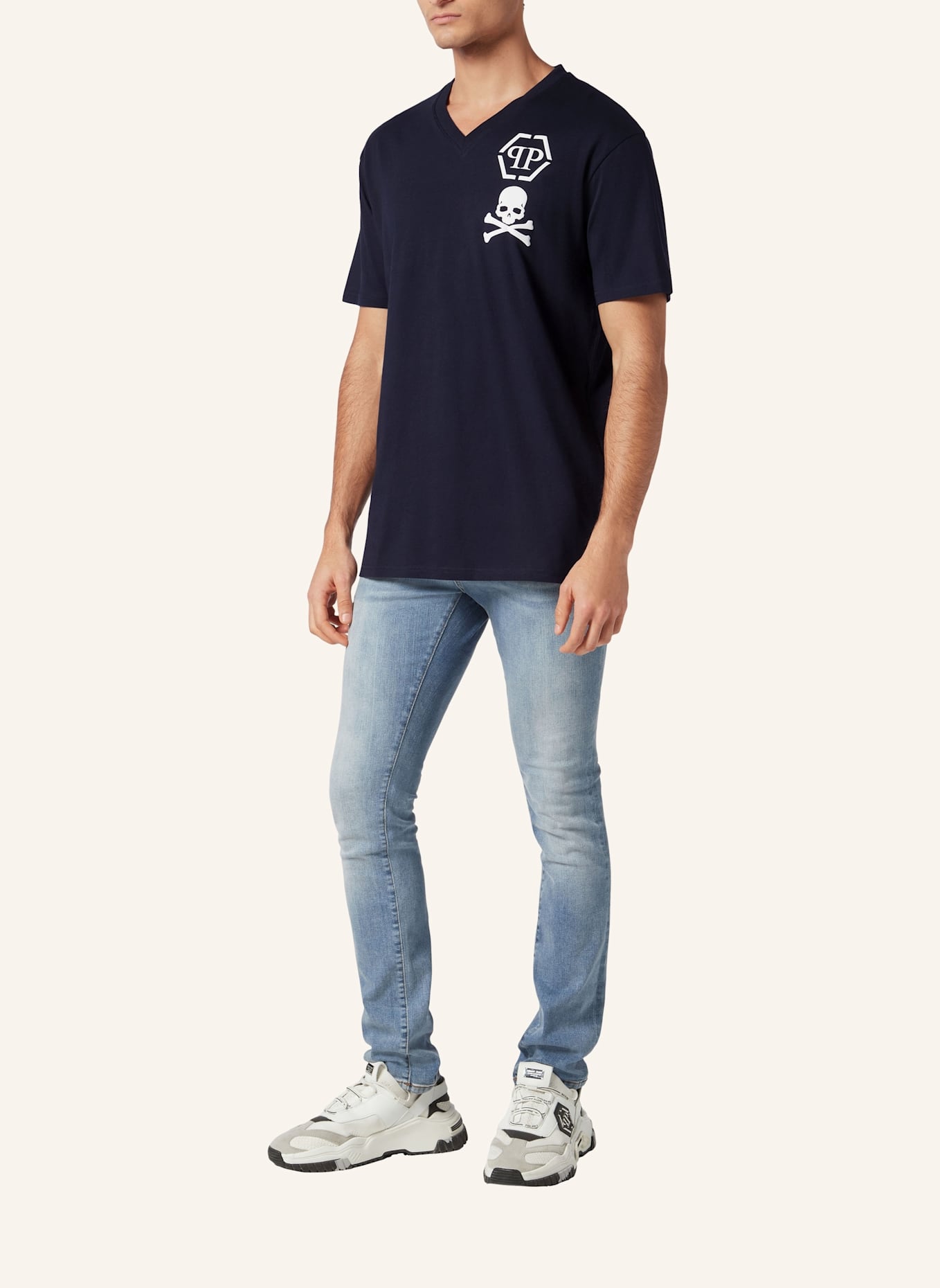 PHILIPP PLEIN T-Shirt V-Ausschnitt SKULL: DUNKELBLAU