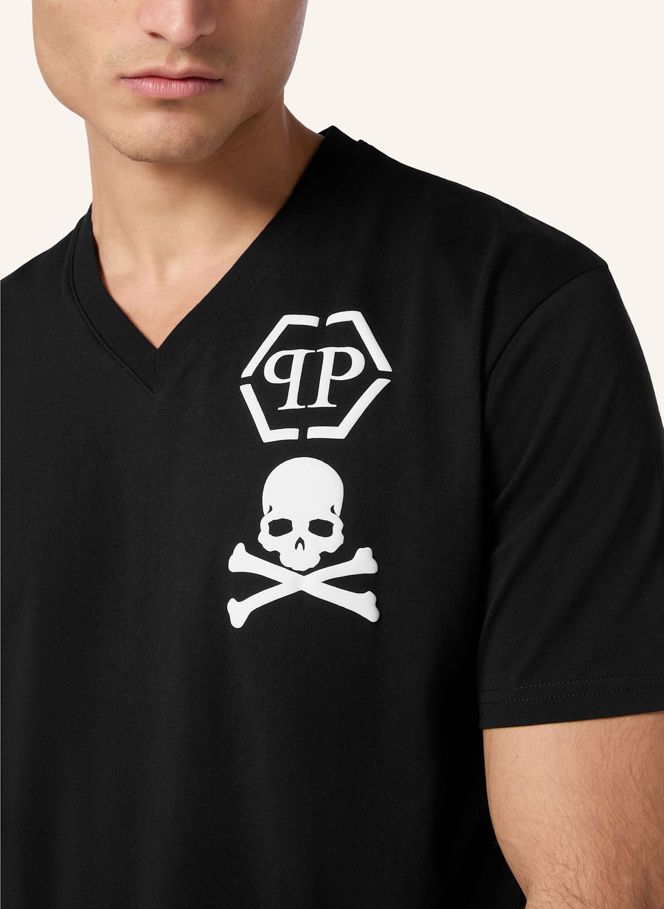 PHILIPP PLEIN T-Shirt V-Ausschnitt SKULL: SCHWARZ