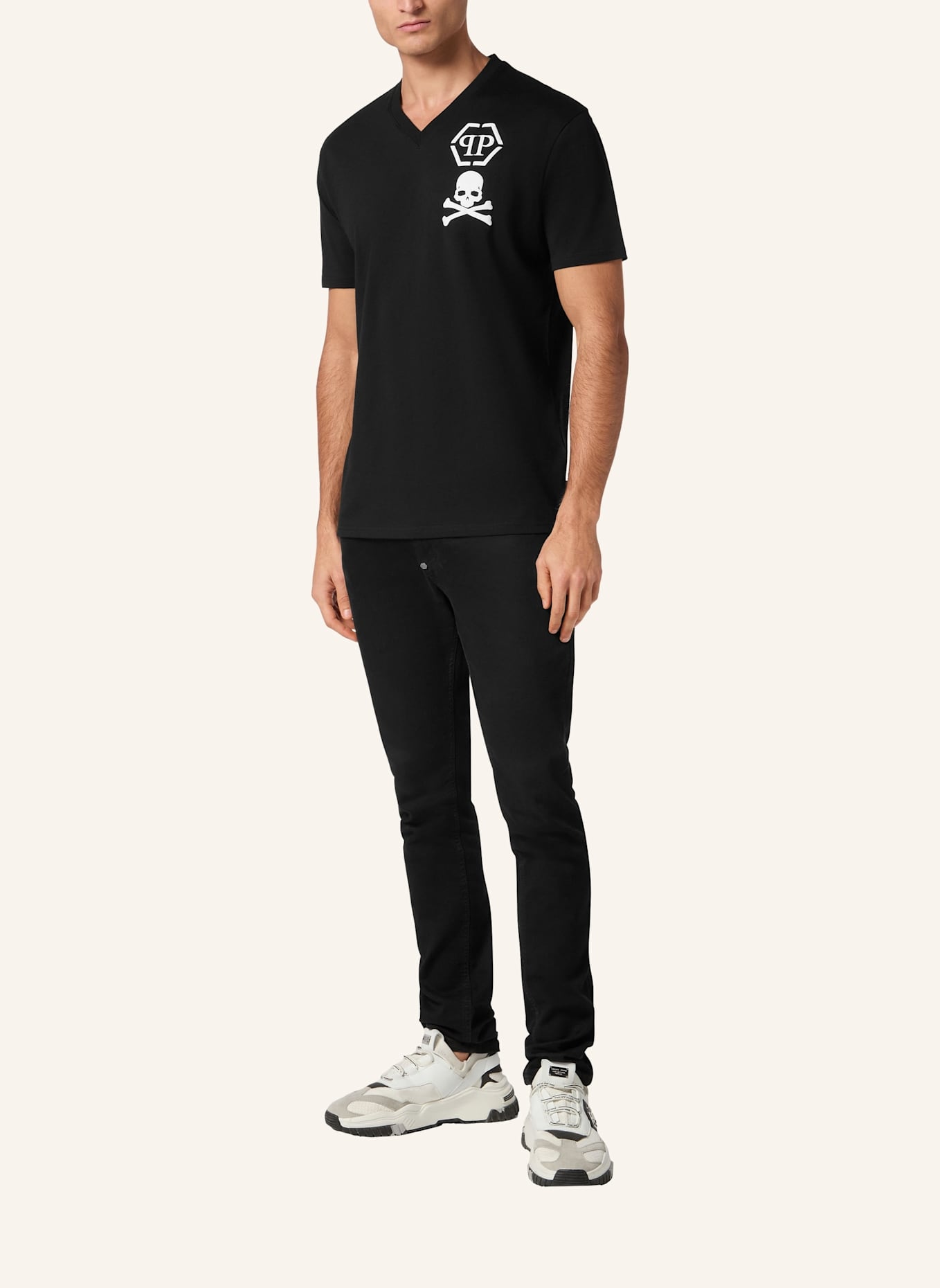 PHILIPP PLEIN T-Shirt V-Ausschnitt SKULL: SCHWARZ