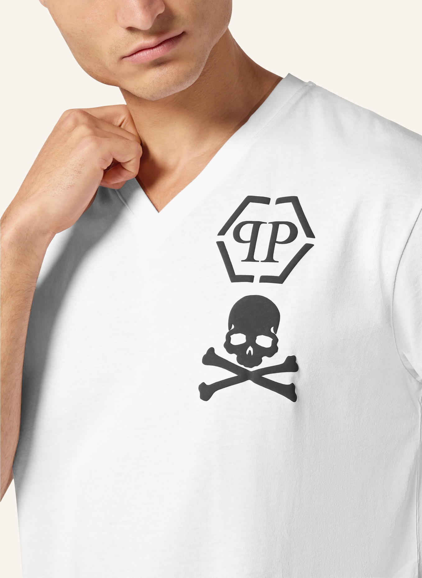 PHILIPP PLEIN T-Shirt V-Ausschnitt SKULL: WEISS