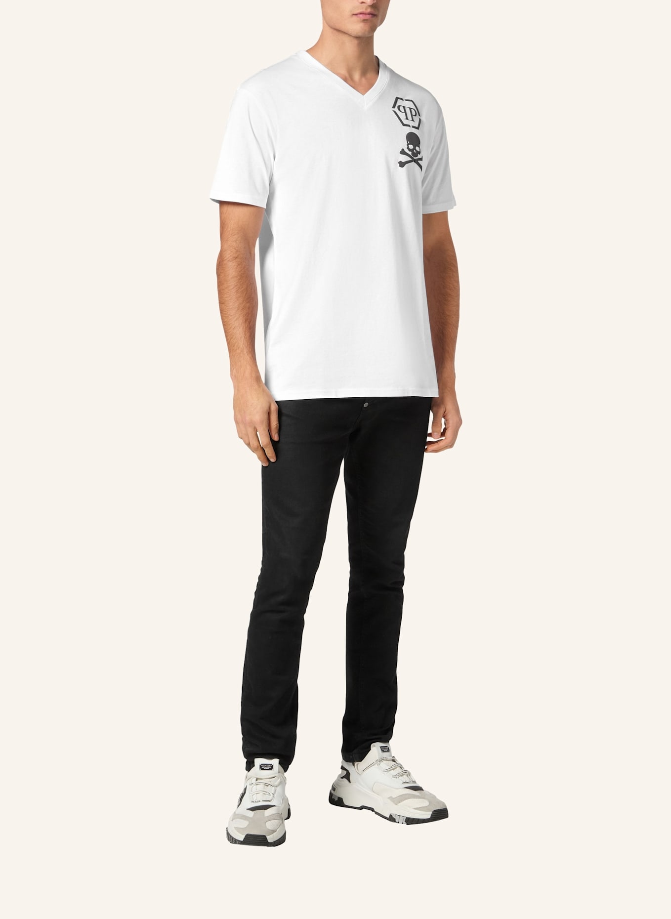 PHILIPP PLEIN T-Shirt V-Ausschnitt SKULL: WEISS