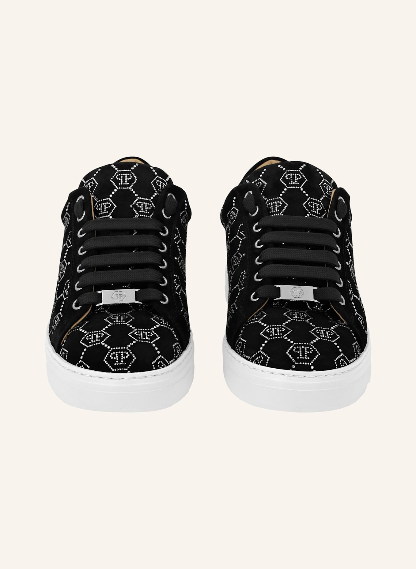 PHILIPP PLEIN Leder Sneaker mit Schmucksteinen MONOGRAM: SCHWARZ