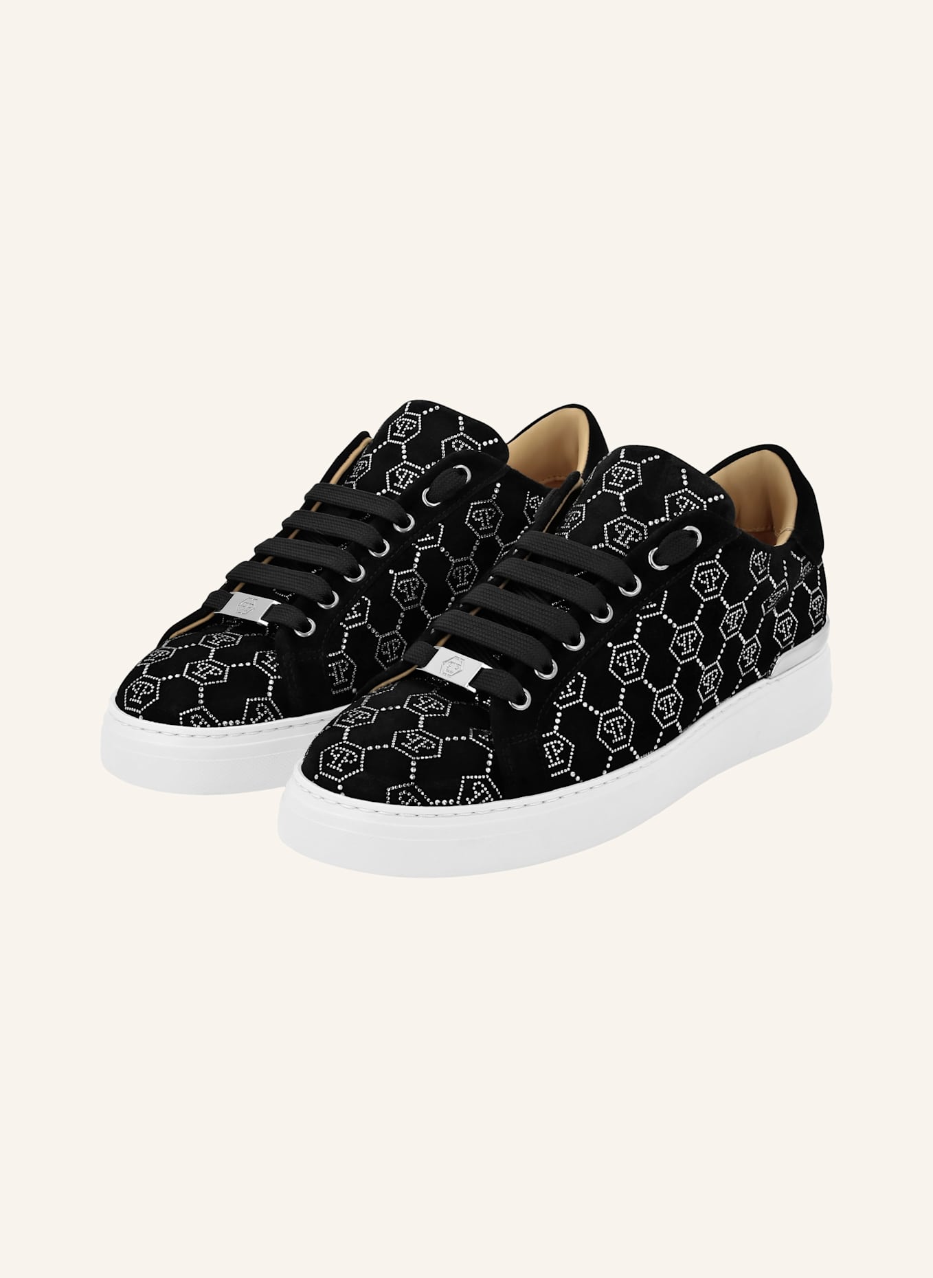 PHILIPP PLEIN Leder Sneaker mit Schmucksteinen MONOGRAM: SCHWARZ