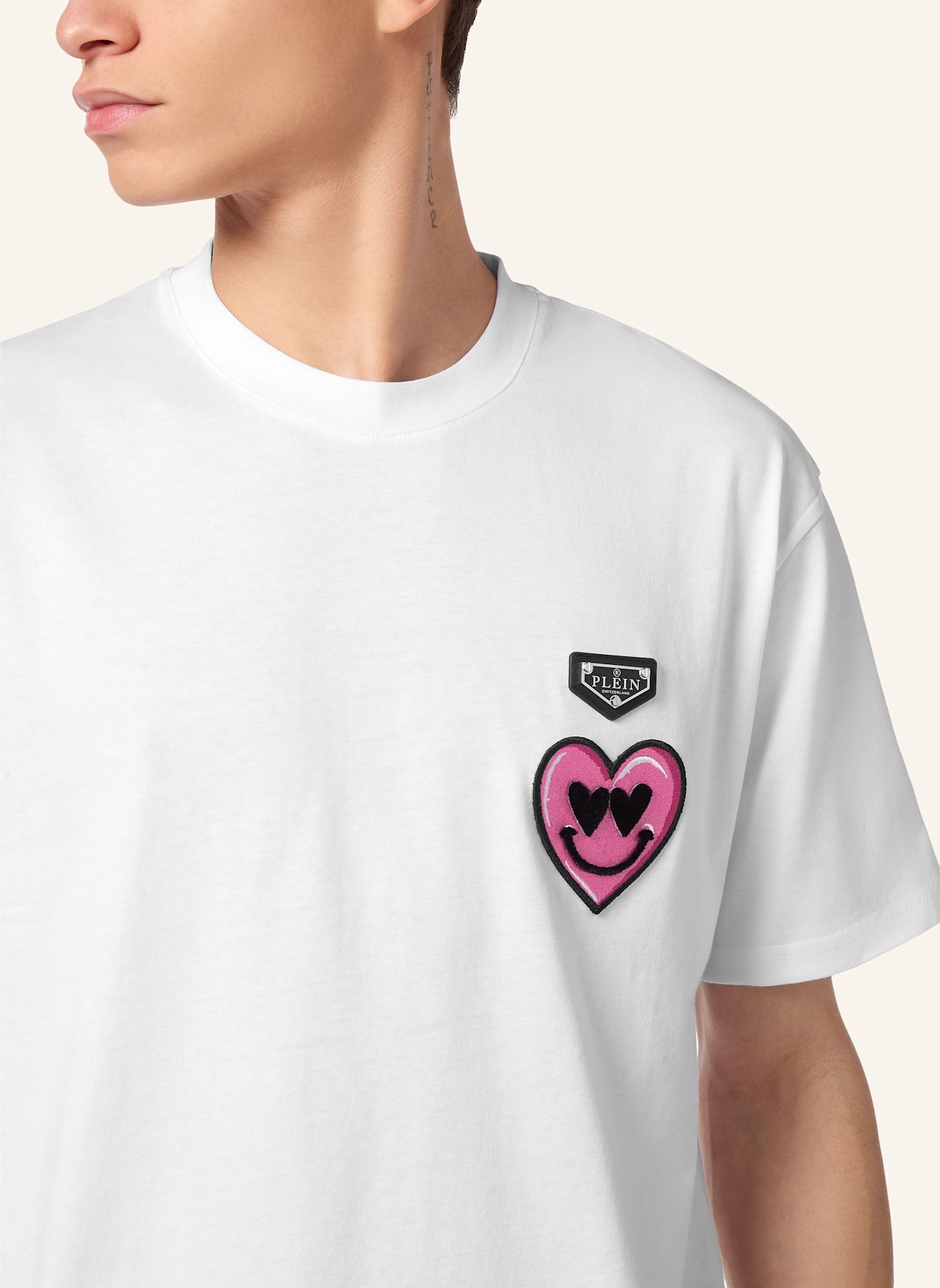 PHILIPP PLEIN T-Shirt Rundhalsausschnitt SMILE: WEISS/ NEONROSA