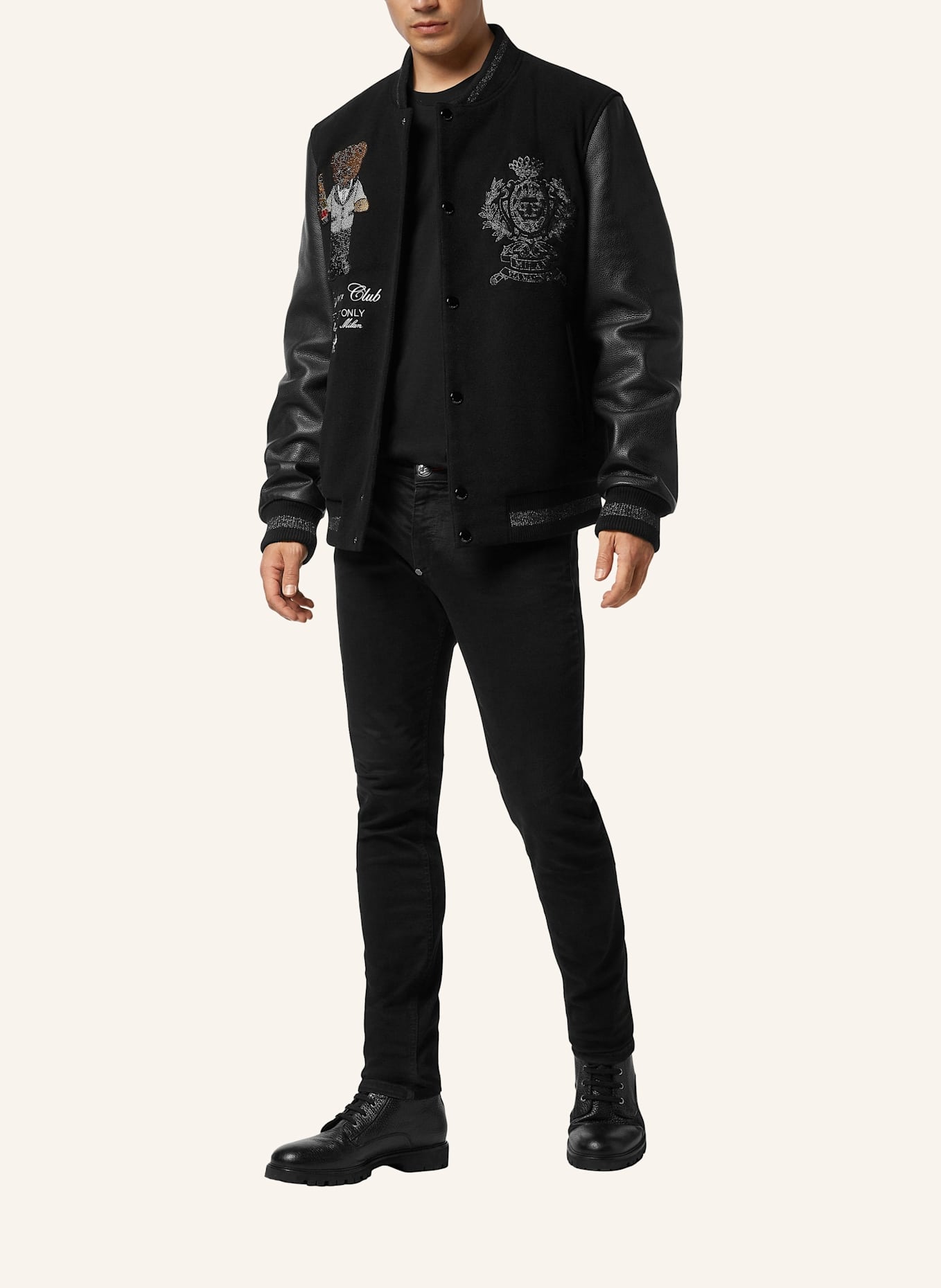 PHILIPP PLEIN Leder-Bomber TEDDY: SCHWARZ