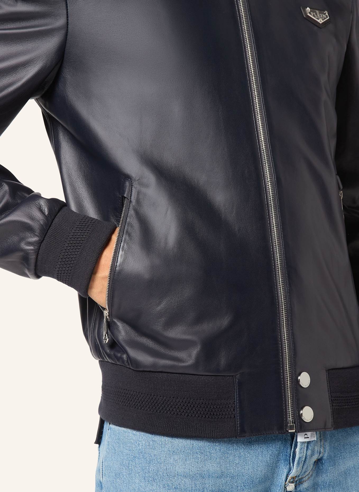 PHILIPP PLEIN Leder-Bomber ICONIC PLEIN: DUNKELBLAU