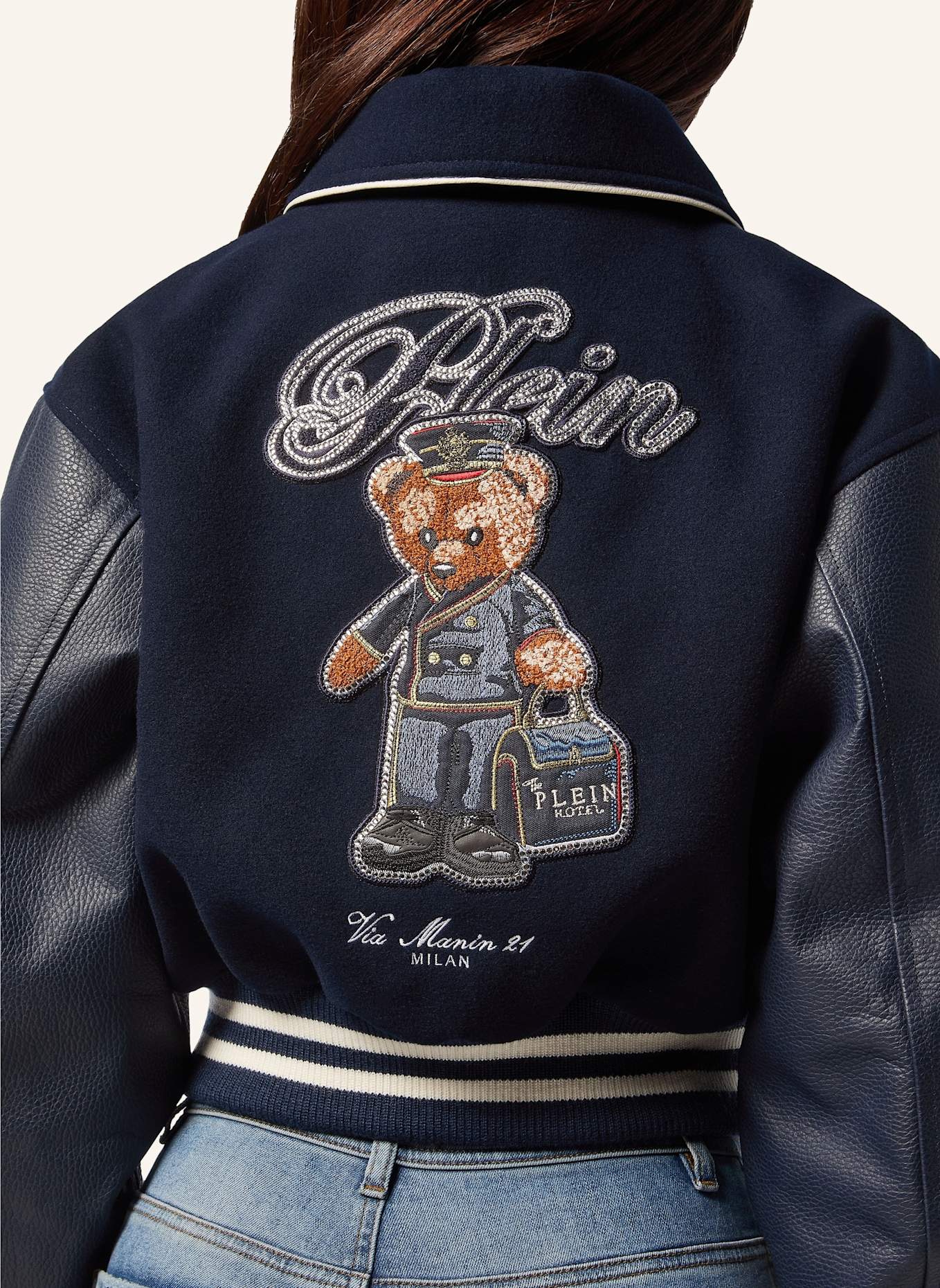 PHILIPP PLEIN Leder-Bomber TEDDY: DUNKELBLAU