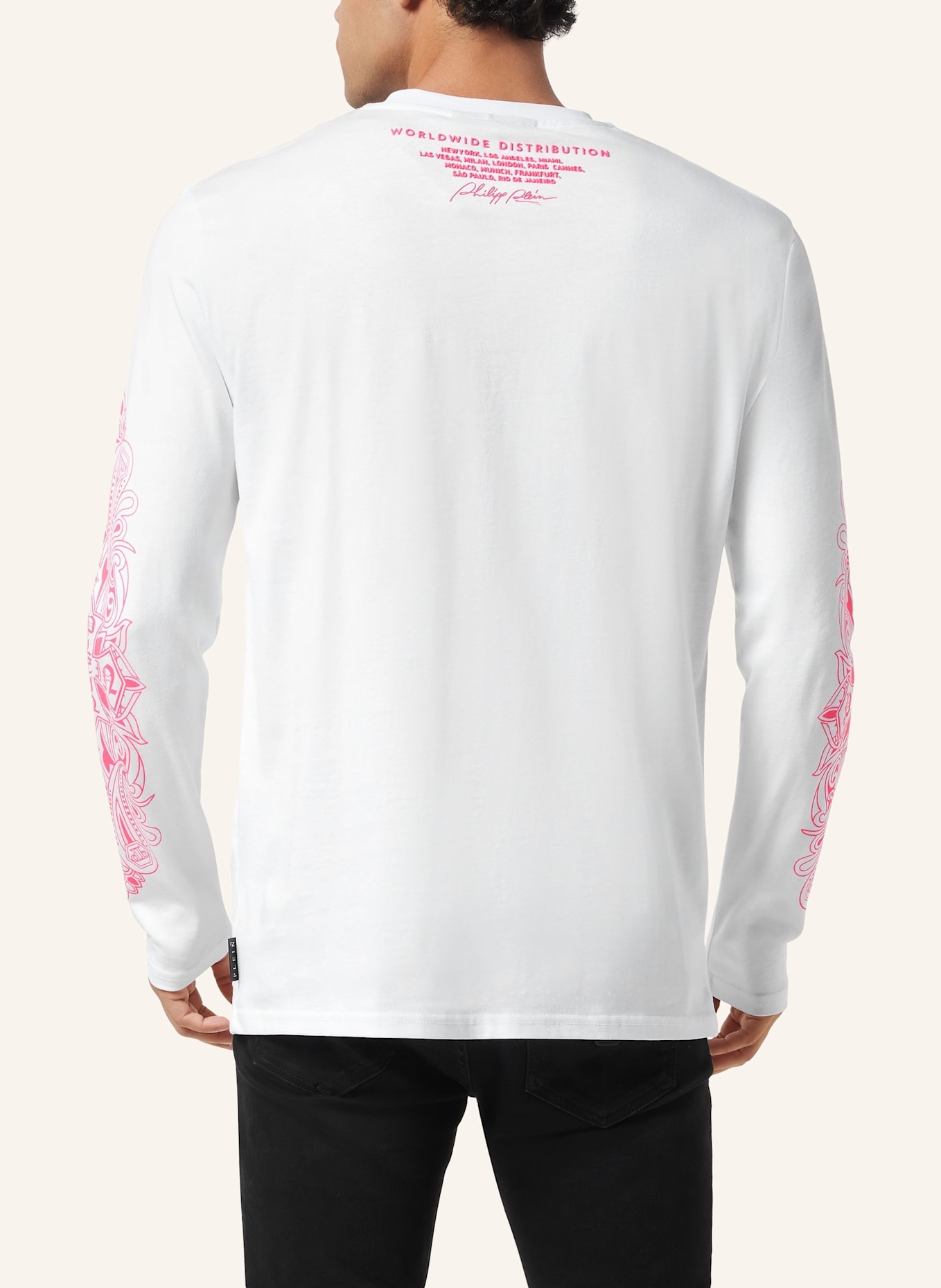 PHILIPP PLEIN T-Shirt Rundhalsausschnitt Ls CHROME: WEISS/ NEONROSA