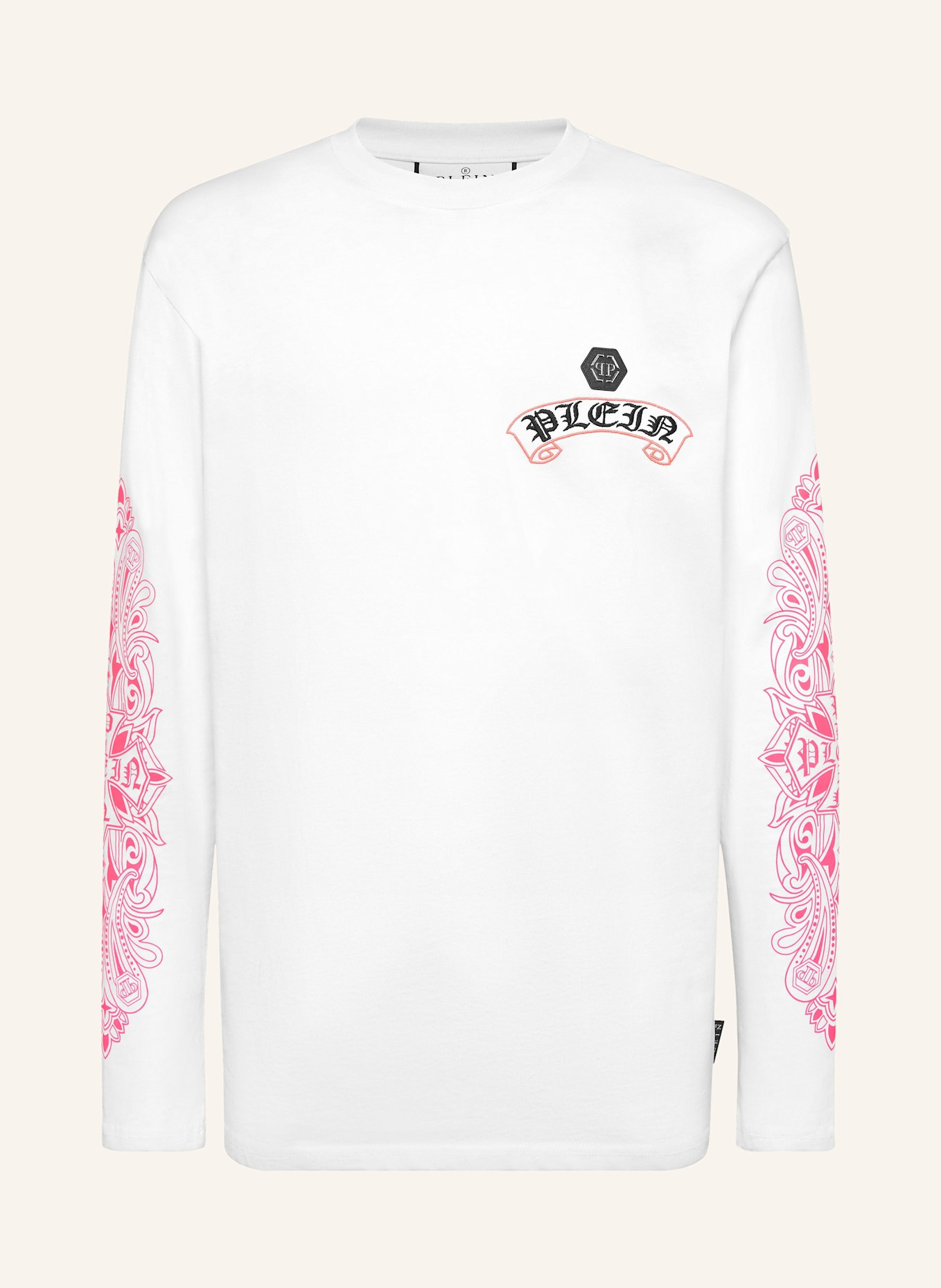 PHILIPP PLEIN T-Shirt Rundhalsausschnitt Ls CHROME: WEISS/ NEONROSA