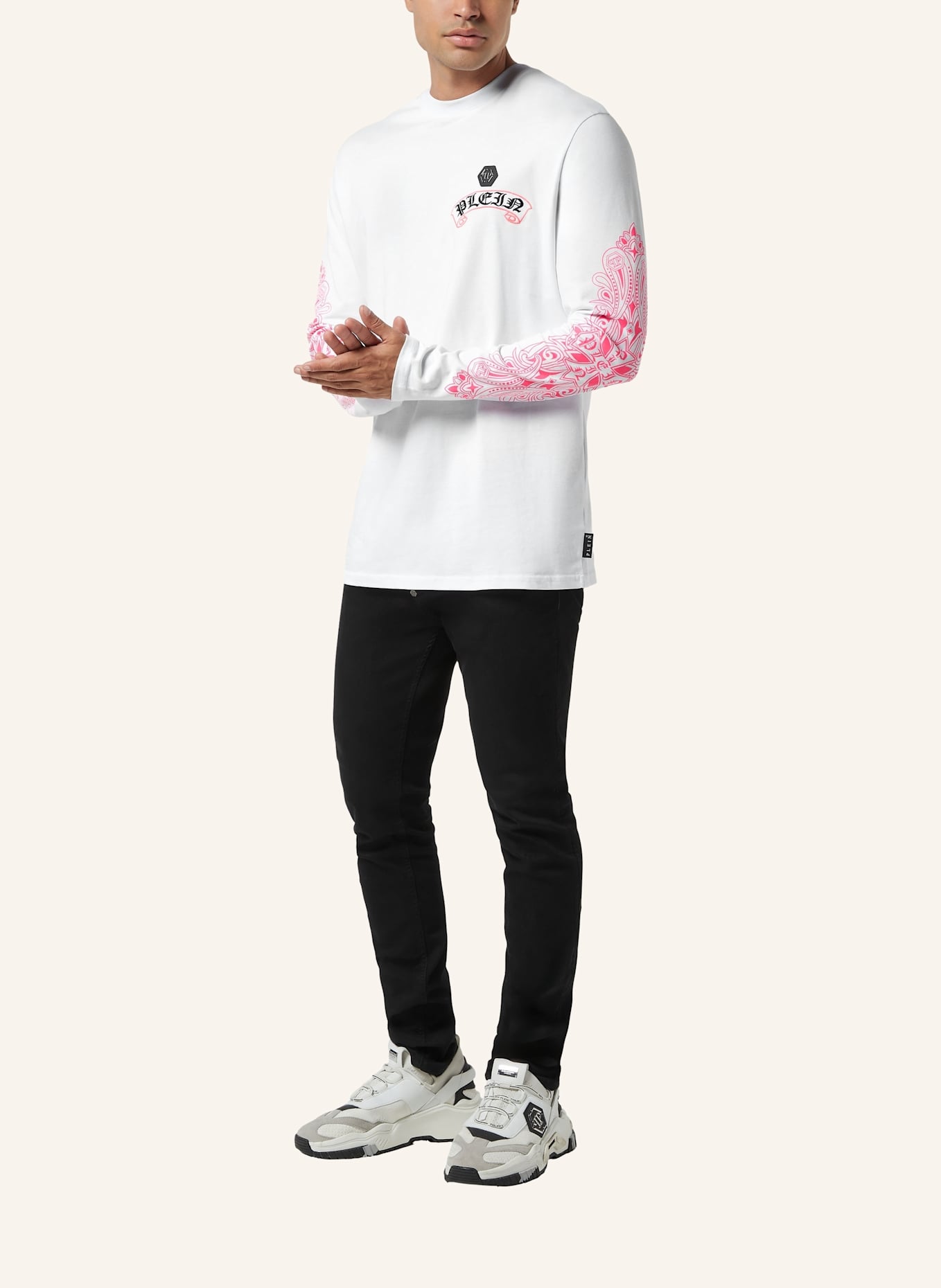 PHILIPP PLEIN T-Shirt Rundhalsausschnitt Ls CHROME: WEISS/ NEONROSA