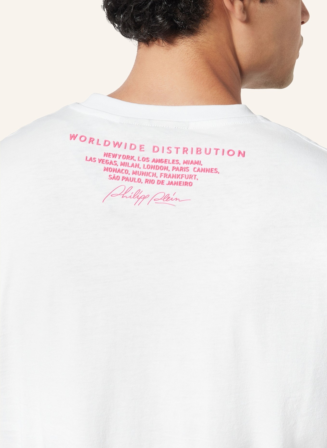 PHILIPP PLEIN T-Shirt Rundhalsausschnitt Ls CHROME: WEISS/ NEONROSA