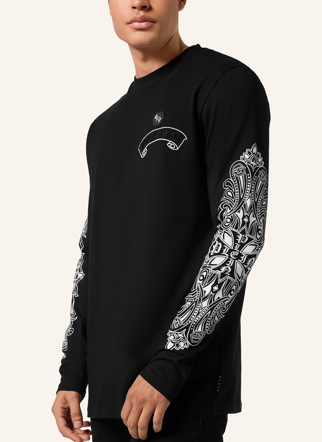 PHILIPP PLEIN T-Shirt Rundhalsausschnitt Ls CHROME: SCHWARZ