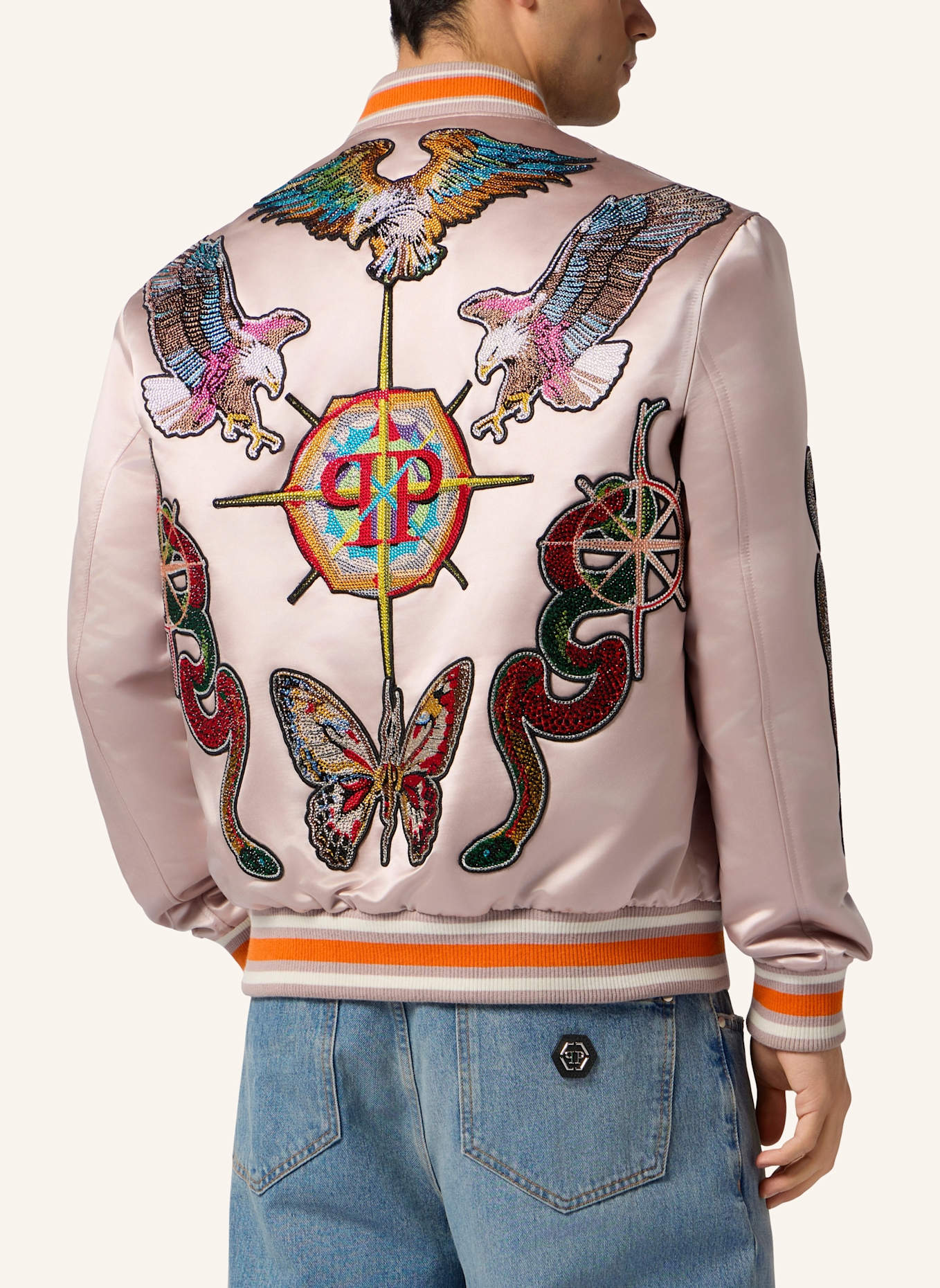 PHILIPP PLEIN PHILIPP PLEIN Shiny Satin Bomber Tattoo Patches Strass: BEIGE