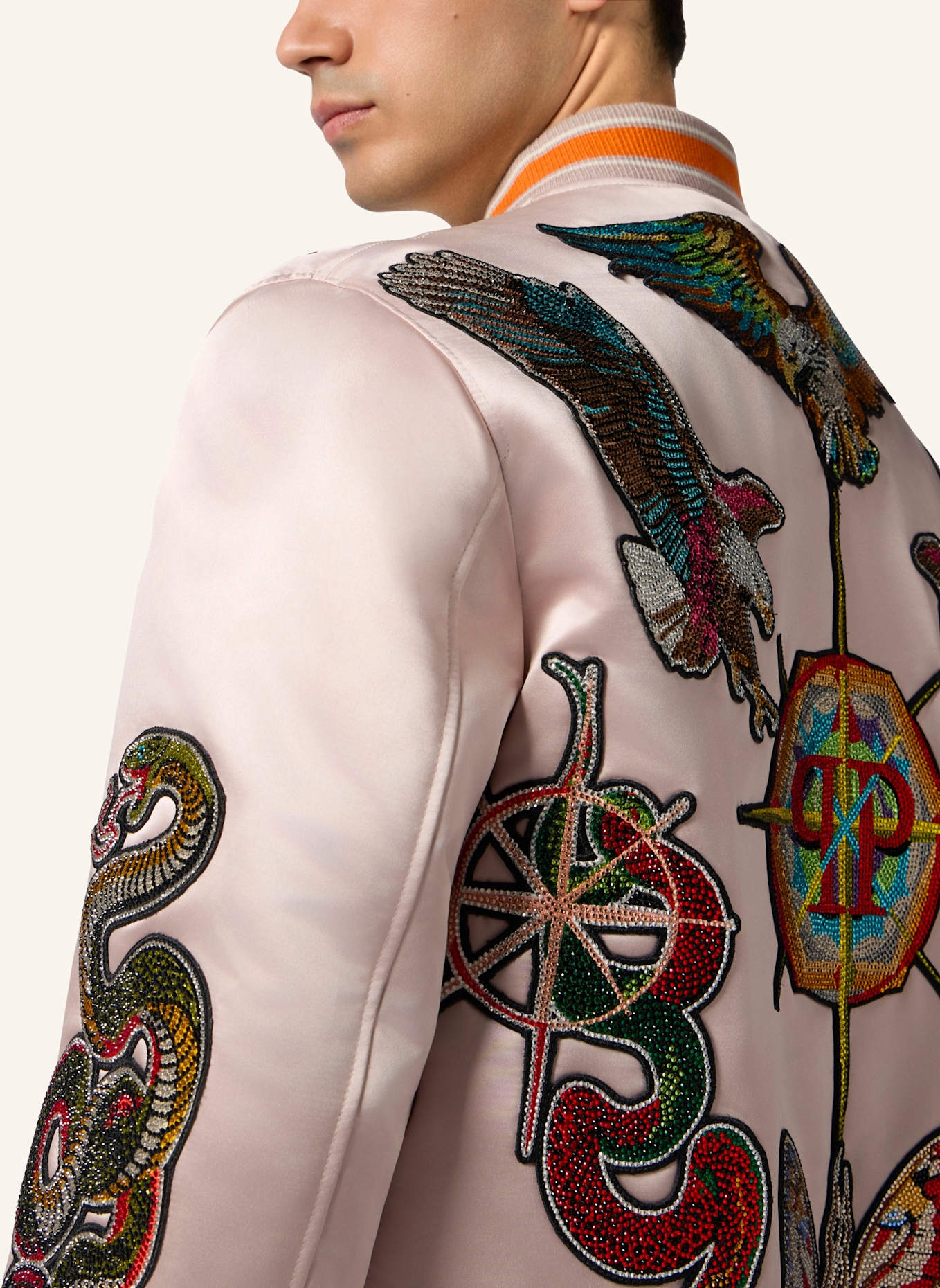 PHILIPP PLEIN PHILIPP PLEIN Shiny Satin Bomber Tattoo Patches Strass: BEIGE