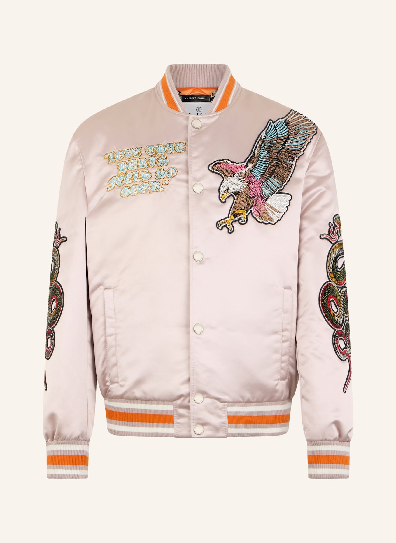 PHILIPP PLEIN PHILIPP PLEIN Shiny Satin Bomber Tattoo Patches Strass: BEIGE