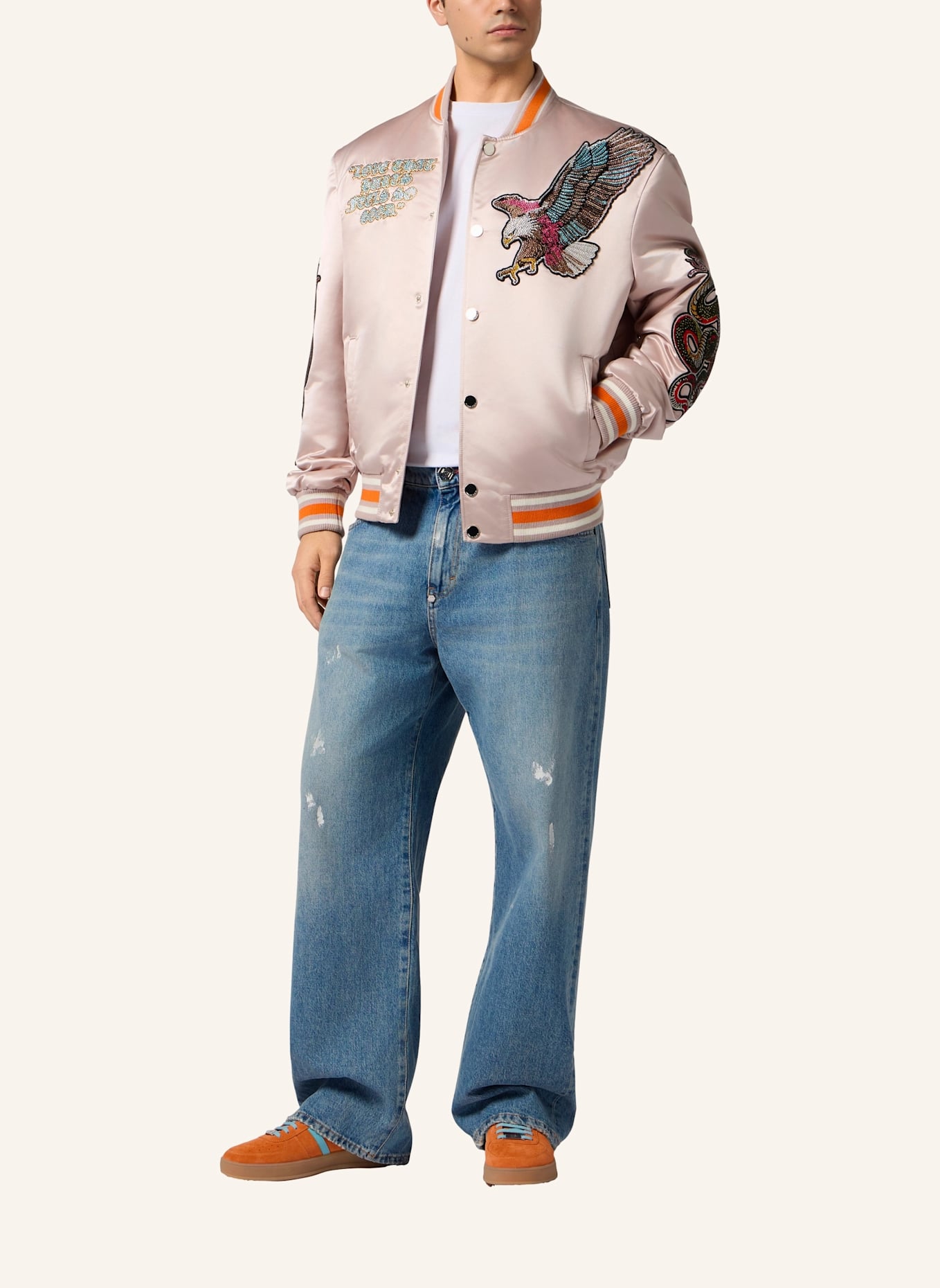 PHILIPP PLEIN PHILIPP PLEIN Shiny Satin Bomber Tattoo Patches Strass: BEIGE