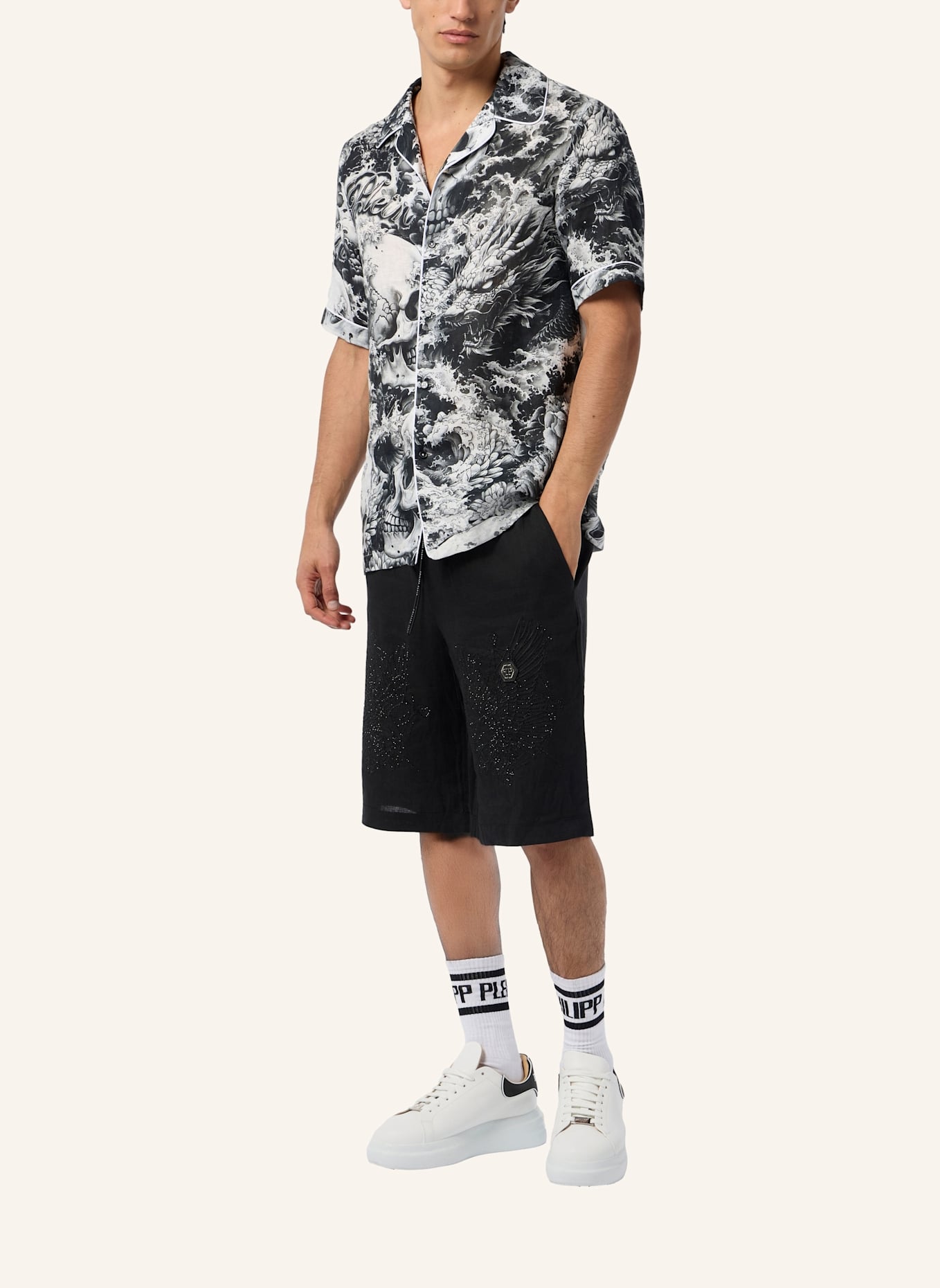 PHILIPP PLEIN PHILIPP PLEIN Linen Bowling Shirt All-Over Ceramic: SCHWARZ