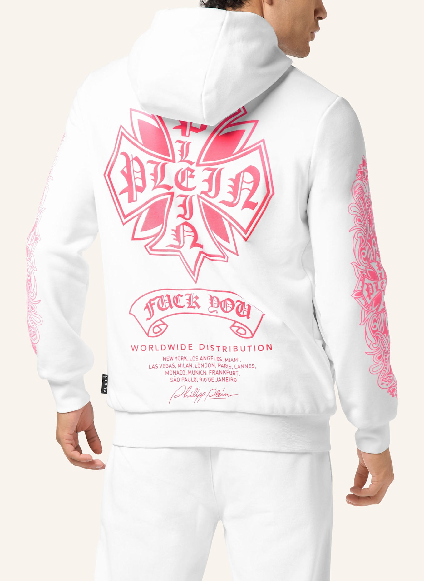 PHILIPP PLEIN Kapuzen-Sweatjacket CHROME: WEISS/ NEONROSA