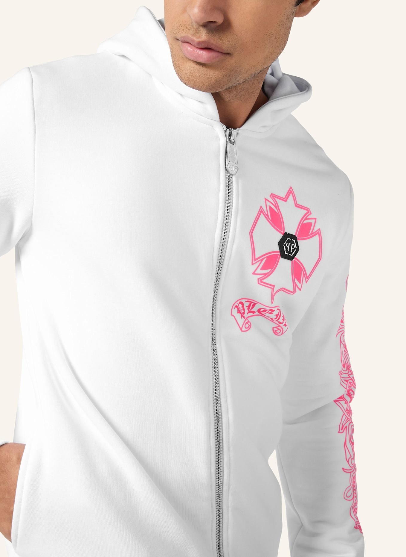 PHILIPP PLEIN Kapuzen-Sweatjacket CHROME: WEISS/ NEONROSA