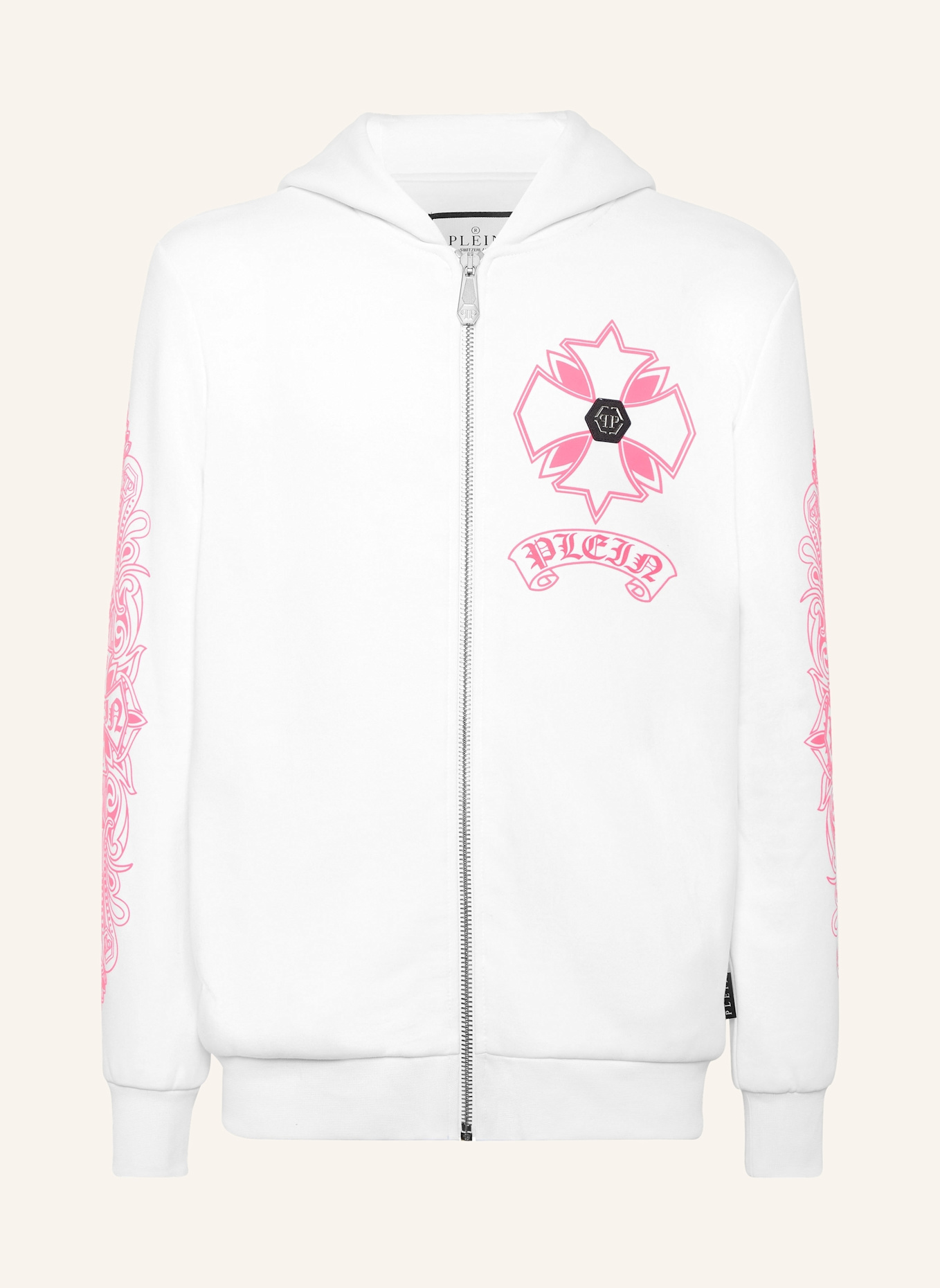 PHILIPP PLEIN Kapuzen-Sweatjacket CHROME: WEISS/ NEONROSA