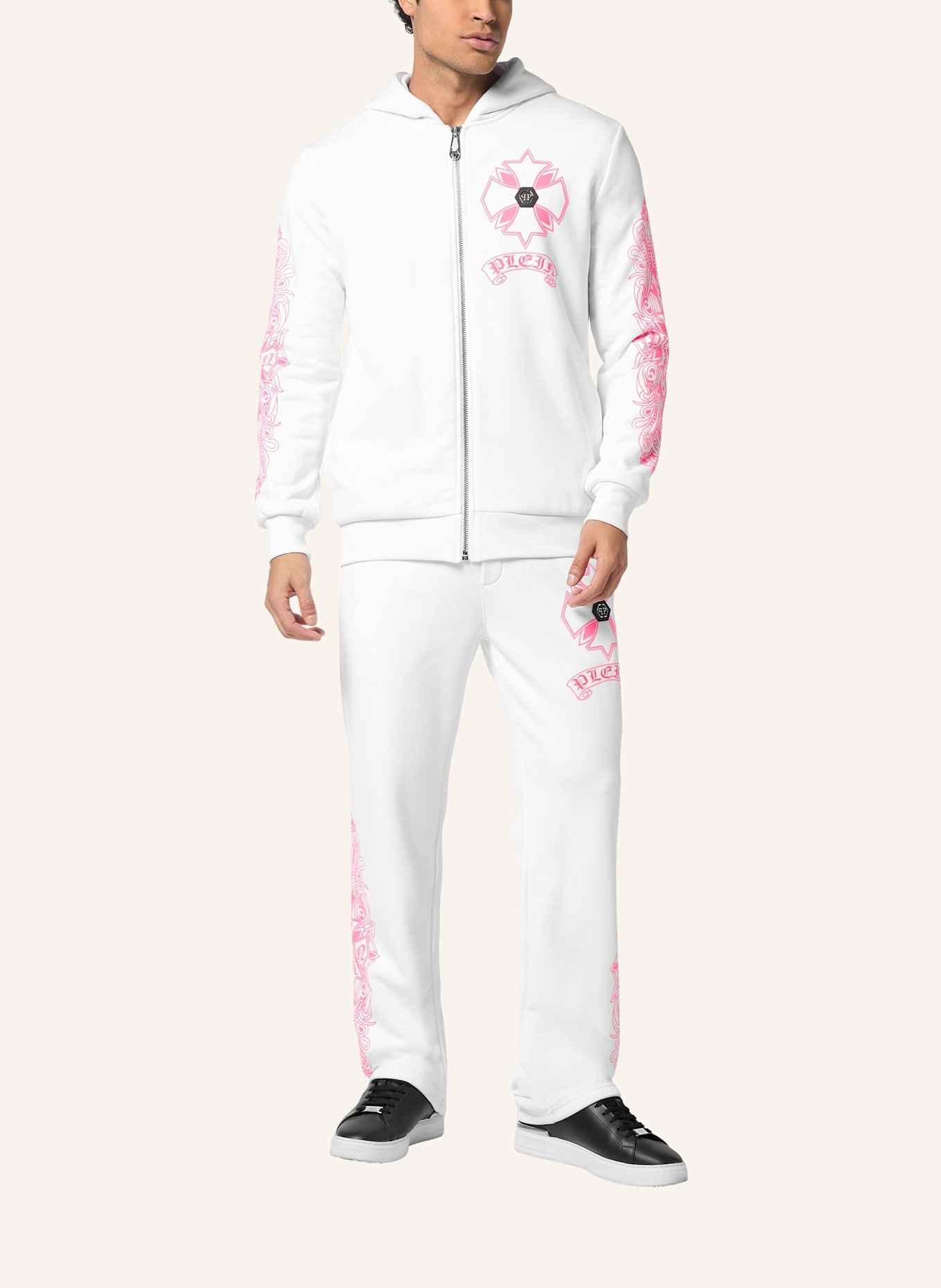 PHILIPP PLEIN Kapuzen-Sweatjacket CHROME: WEISS/ NEONROSA