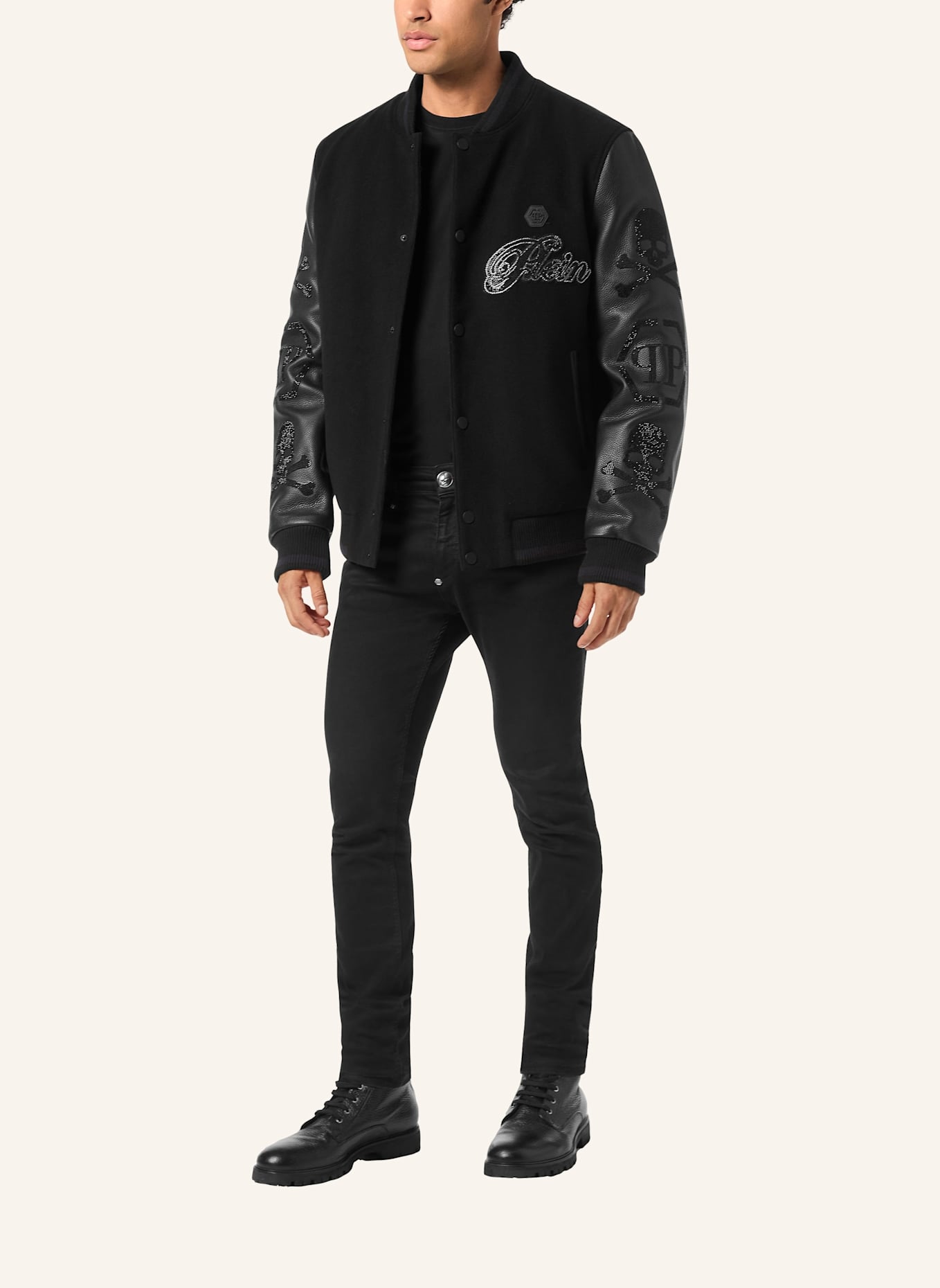 PHILIPP PLEIN Leder-Bomber WOOL &AMP: SCHWARZ