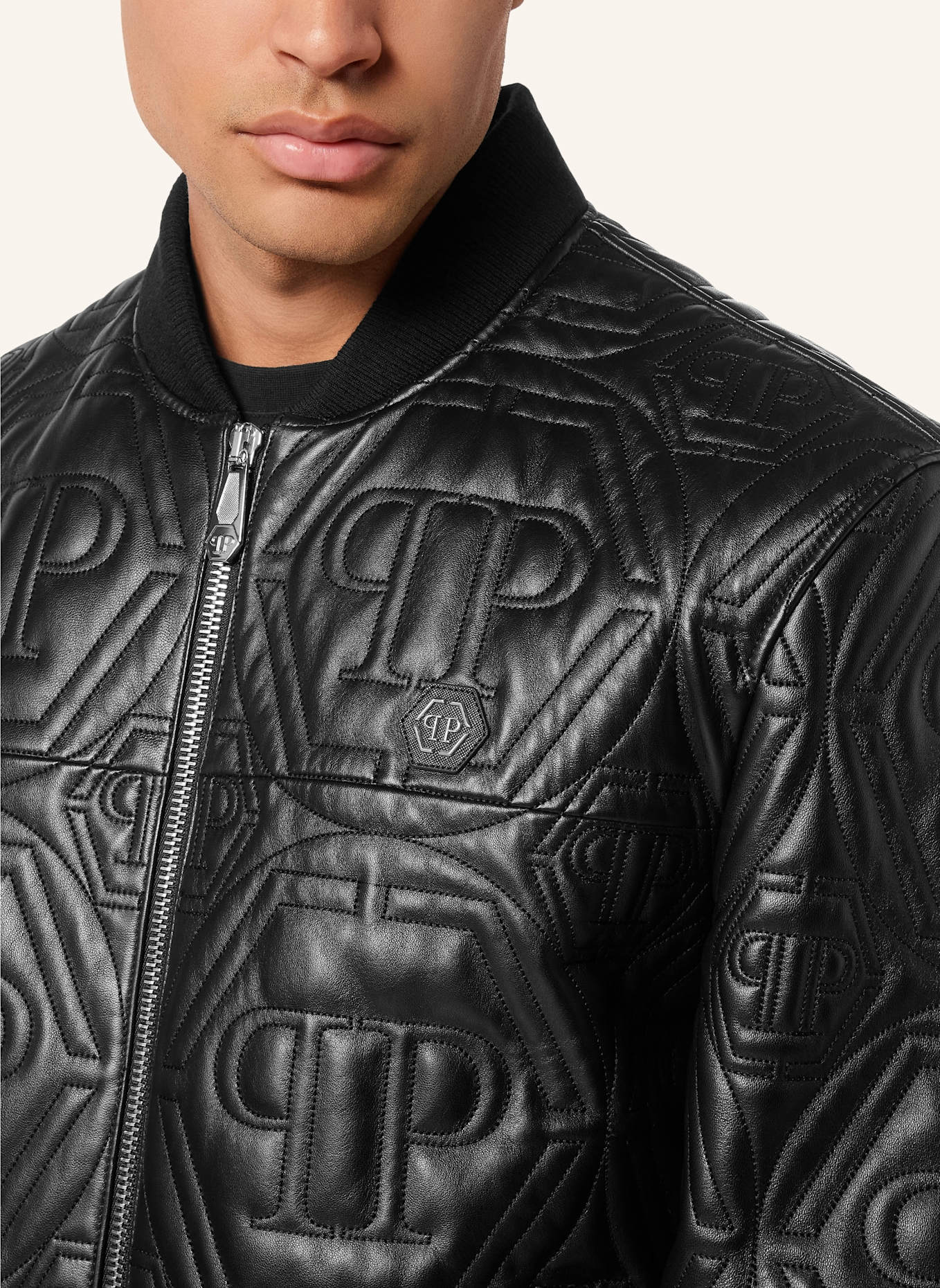 PHILIPP PLEIN Leder-Bomber MONOGRAM: SCHWARZ